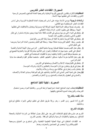 9
‫المحور‬
3
:
‫للتدريس‬ ‫العشر‬ ‫الكفاءات‬
‫المتطلبات‬
:
‫الوطنية‬ ‫للتربية‬ ‫التوجيهي‬ ‫بالقانون‬ ‫االلتزام‬
‫للمناهج‬ ‫العامة‬ ‫والمرجعية‬
‫الرسمية‬ ‫والنصوص‬
‫مهنة‬ ‫تتطلبها‬ ‫التي‬ ‫والكفاءات‬ ‫األخرى‬
‫األستاذ‬
.
‫إرشادات‬
‫تربوية‬
:
‫وعلى‬ ‫التربوية‬ ‫للمنظومة‬ ‫العامة‬ ‫المرجعيات‬ ‫أساس‬ ‫على‬ ‫مهامه‬ ‫األستاذ‬ ‫يؤدي‬
‫أ‬
‫ساس‬
‫كالتالي‬ ‫منها‬ ‫المستخلصة‬ ‫العشر‬ ‫الكفاءات‬
:
0
.
‫تتطلبها‬ ‫التي‬ ‫باألخالقيات‬ ‫ويتعامل‬ ‫بمسؤولية‬ ‫إليه‬ ‫الموكلة‬ ‫المهام‬ ‫فينفذ‬ ‫الدولة‬ ‫موظف‬ ‫بصفة‬ ‫يتصرف‬
‫االنفعالي‬ ‫وثباته‬ ‫اتزانه‬ ‫و‬ ‫العام‬ ‫مظهره‬ ‫على‬ ‫ويحافظ‬ ‫المهنة‬
.
4
.
‫إطار‬ ‫في‬ ‫باستمرار‬ ‫معارفه‬ ‫ويحين‬ ‫جيدة‬ ‫عامة‬ ‫ثقافة‬ ‫اكتساب‬ ‫في‬ ‫ويسعى‬ ‫يدرسها‬ ‫التي‬ ‫المواد‬ ‫في‬ ‫يتحكم‬
‫التكوين‬
‫و‬ ‫الذاتي‬
‫الخدمة‬ ‫أثناء‬ ‫والتكوين‬ ‫المتبادل‬
3
.
‫والتواصل‬ ‫التدريس‬ ‫ولغة‬ ‫الرسمية‬ ‫اللغة‬ ‫باعتبارها‬ ‫العربية‬ ‫اللغة‬ ‫في‬ ‫يتحكم‬
2
.
‫وحريصا‬ ‫الدراسية‬ ‫المادة‬ ‫ومضمون‬ ‫التعلم‬ ‫قيم‬ ‫ومحلال‬ ‫مهنته‬ ‫متمثال‬ ‫يؤديه‬ ‫الذي‬ ‫التعليم‬ ‫وينفذ‬ ‫يتصور‬
‫الذاتي‬ ‫التعلم‬ ‫على‬
.
5
.
‫من‬ ‫ويومية‬ ‫فصلية‬ ‫خططا‬ ‫مصمما‬ ‫القسم‬ ‫عمل‬ ‫ينظم‬
‫والنفسية‬ ‫المادية‬ ‫للبيئة‬ ‫موفرا‬ ‫الدراسي‬ ‫للمقرر‬ ‫تمية‬
‫في‬ ‫للجميع‬ ‫والتعاونية‬ ‫الفردية‬ ‫بمشاركة‬ ‫التالميذ‬ ‫لدى‬ ‫والحوار‬ ‫المناقشة‬ ‫مهارات‬ ‫منميا‬ ‫القسم‬ ‫في‬ ‫الحافزة‬
‫التعليم‬ ‫في‬ ‫المستخدمة‬ ‫للتقنيات‬ ‫ومنوعا‬ ‫وتنظيما‬ ‫كتابة‬ ‫للسبورة‬ ‫موظفا‬ ‫منضبط‬ ‫جو‬
.
6
.
‫أساليبه‬ ‫منوعا‬ ‫التالميذ‬ ‫عمل‬ ‫يقوم‬
‫بداية‬ ‫منذ‬ ‫والضعف‬ ‫القوة‬ ‫مظاهر‬ ‫مشخصا‬ ،‫للتعلم‬ ‫دافعيتهم‬ ‫مستثيرا‬،
‫الدراسي‬ ‫العام‬
.
7
.
‫التدريس‬ ‫في‬ ‫ويستعملها‬ ‫واالتصال‬ ‫اإلعالم‬ ‫تكنولوجيات‬ ‫في‬ ‫يتحكم‬
8
.
‫المؤسسة‬ ‫وشركاء‬ ‫واألولياء‬ ‫والمفتشين‬ ‫المؤسسة‬ ‫إدارة‬ ‫مع‬ ‫ويتعاون‬ ‫فريق‬ ‫في‬ ‫يعمل‬
.
9
.
‫يتعامل‬
‫وزمال‬ ‫رؤسائه‬ ‫مع‬ ‫عالقاته‬ ‫في‬ ‫واحترام‬ ‫بأدب‬
‫ئه‬
‫وتالميذه‬
.
01
.
‫واإلنصاف‬ ‫العدالة‬ ‫ومبادئ‬ ‫المواطنة‬ ‫قيم‬ ‫على‬ ‫وتنشئتهم‬ ‫التالميذ‬ ‫لدى‬ ‫المدني‬ ‫الحس‬ ‫تنمية‬ ‫على‬ ‫يعمل‬
‫والتضامن‬ ‫االحترام‬ ‫وروح‬ ‫والتسامح‬ ‫والواجبات‬ ‫الحقوق‬ ‫في‬ ‫والتساوي‬
.
‫المحور‬
4
:
‫المناهج‬ ‫تنفيذ‬ ‫كيفية‬
‫المتطلبات‬
:
‫ترابط‬ ‫استراتيجية‬ ‫اعتماد‬ ‫المناهج‬ ‫إنهاء‬ ‫يتطلب‬
‫استعمال‬ ‫وحسن‬ ‫المواد‬ ‫وتكاملية‬ ‫الدروس‬
‫و‬ ‫التدرجات‬
‫للمناهج‬ ‫السنوية‬ ‫التوزيعات‬
‫وتكييفها‬
.
‫بالتدرج؟‬ ‫نقصد‬ ‫ماذا‬
‫لبرنامج‬ ‫مقاطع‬ ‫إلجراء‬ ‫توقعي‬ ‫تنظيم‬ ‫في‬ ‫تتمثل‬ ‫طريق‬ ‫ورقة‬ ‫وهو‬ ، ‫القسم‬ ‫زمن‬ ‫لتسيير‬ ‫أداة‬ ‫التدرج‬
‫ومتابعتها‬
.
‫التدرج‬ ‫مكونات‬
:
‫يعد‬ ‫الذي‬ ‫النشاطات‬ ‫لتوقع‬ ‫مشروعكم‬ ‫هو‬ ‫التدرج‬
‫والمعمقة‬ ‫المتأنية‬ ‫الدراسة‬ ‫من‬ ‫انطالقا‬ ‫جدول‬ ‫شكل‬ ‫على‬
‫المرافقة‬ ‫والوثائق‬ ‫الرسمية‬ ‫والتعليمات‬ ‫ومرجعيتها‬ ‫للمناهج‬
.
‫التدرج‬ ‫يتضمن‬
:

‫ومرجعية‬ ‫المنهاج‬ ‫من‬ ‫تستخرج‬ ‫والتي‬ ،‫التعلمية‬ ‫التعليمية‬ ‫العملية‬ ‫نهاية‬ ‫في‬ ‫المنتظرة‬ ‫الكفاءات‬
‫التقويم‬
.
‫فالتدرج‬
‫وحدها‬ ‫والمعارف‬ ‫المضامين‬ ‫في‬ ‫ينحصر‬ ‫ال‬
.
 