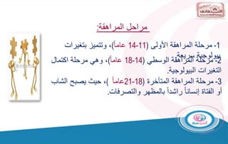1
-
‫األولى‬ ‫المراهقة‬ ‫مرحلة‬
(
11
-
14
ً‫ا‬‫عام‬
)
‫بتغيرات‬ ‫وتتميز‬ ،
‫سريعة‬ ‫بيولوجية‬
.
2
-
‫الوسطي‬ ‫المراهقة‬ ‫مرحلة‬
(
14
-
18
ً‫ا‬‫عام‬
)
‫اكتمال‬ ‫مرحلة‬ ‫وهي‬ ،
‫البيولوجية‬ ‫التغيرات‬
.
3
-
‫المتأخرة‬ ‫المراهقة‬ ‫مرحلة‬
(
18
-
21
ً‫ا‬‫عام‬
)
‫الشاب‬ ‫يصبح‬ ‫حيث‬ ،
‫والتصرفات‬ ‫بالمظهر‬ ً‫ا‬‫راشد‬ ً‫ا‬‫إنسان‬ ‫الفتاة‬ ‫أو‬
.
‫المراهقة‬ ‫مراحل‬
:
 