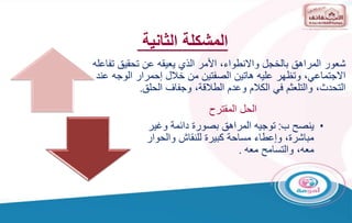 ‫شعور‬
‫ت‬ ‫تحقيق‬ ‫عن‬ ‫يعيقه‬ ‫الذي‬ ‫األمر‬ ،‫واالنطواء‬ ‫بالخجل‬ ‫المراهق‬
‫فاعله‬
‫خالل‬ ‫من‬ ‫الصفتين‬ ‫هاتين‬ ‫عليه‬ ‫وتظهر‬ ،‫االجتماعي‬
‫إحمرار‬
‫ع‬ ‫الوجه‬
‫ند‬
‫الحلق‬ ‫وجفاف‬ ،‫الطالقة‬ ‫وعدم‬ ‫الكالم‬ ‫في‬ ‫والتلعثم‬ ،‫التحدث‬
.
‫الحل‬
‫المقترح‬
•
‫ب‬ ‫ينصح‬
:
‫وغي‬ ‫دائمة‬ ‫بصورة‬ ‫المراهق‬ ‫توجيه‬
‫ر‬
‫والحو‬ ‫للنقاش‬ ‫كبيرة‬ ‫مساحة‬ ‫وإعطاء‬ ،‫مباشرة‬
‫ار‬
‫معه‬ ‫والتسامح‬ ،‫معه‬
.
‫الثانية‬ ‫المشكلة‬
 