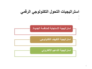 7
‫الرقمي‬ ‫التكنولوجي‬ ‫التحول‬ ‫استراتيجيات‬
:
:
‫ا‬ ‫للمنافسة‬ ‫االستجابة‬ ‫استراتيجية‬
‫لجديدة‬
:
‫التكنولوجي‬ ‫التكييف‬ ‫استراتيجية‬
:
‫التدعيم‬ ‫استراتيجية‬
‫االلكتروني‬
 