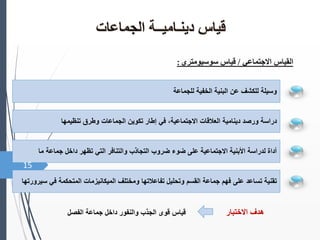 ‫االجتماعي‬ ‫القياس‬
/
‫قياس‬
‫سوسيومتري‬
:
‫للجماعة‬ ‫الخفية‬ ‫البنية‬ ‫عن‬ ‫للكشف‬ ‫وسيلة‬
‫ما‬ ‫جماعة‬ ‫داخل‬ ‫تظهر‬ ‫التي‬ ‫والتنافر‬ ‫التجاذب‬ ‫ضروب‬ ‫ضوء‬ ‫على‬ ‫االجتماعية‬ ‫األبنية‬ ‫لدراسة‬ ‫أداة‬
‫ورصد‬ ‫دراسة‬
‫دينامية‬
‫تنظيمها‬ ‫وطرق‬ ‫الجماعات‬ ‫تكوين‬ ‫إطار‬ ‫في‬ ،‫االجتماعية‬ ‫العالقات‬
‫تقني‬
‫على‬ ‫تساعد‬ ‫ة‬
‫ومختلف‬ ‫تفاعالتها‬ ‫وتحليل‬ ‫القسم‬ ‫جماعة‬ ‫فهم‬
‫الميكانيزمات‬
‫في‬ ‫المتحكمة‬
‫سيرورتها‬
‫االختبار‬ ‫هدف‬
‫الفصل‬ ‫جماعة‬ ‫داخل‬ ‫والنفور‬ ‫الجذب‬ ‫قوى‬ ‫قياس‬
15
 
