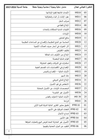 ‫المسيلة‬ ‫جامعة‬
2016
-
2017 ‫ماستر‬
:
‫وجباية‬ ‫مالية‬
/
‫معمقة‬ ‫وجباية‬ ‫محاسبة‬ ‫الدكتور‬
/
‫عجالن‬ ‫العياشي‬
33
05
10
IAS
‫اإلببلغية‬ ‫ة‬
‫ر‬‫لمفت‬ ‫البلحقة‬ ‫األحداث‬
06
11
IAS
‫التية‬
‫ك‬‫المقا‬‫ك‬ ‫البناء‬ ‫أك‬ ‫اإلنشاء‬ ‫عقكد‬
07
12
IAS
‫الدخؿ‬ ‫ائب‬
‫ر‬‫ض‬
08
14
IAS
‫القطاعي‬ ‫اإلببلغ‬
09
16
IAS
‫المعدات‬‫ك‬ ‫الممتمكات‬ ‫المادية‬ ‫التثبيتات‬
10
18
IAS
‫ادات‬
‫ر‬‫اإلي‬
11
19
IAS
‫العامميف‬ ‫منافع‬
12
20
IAS
‫الحككمية‬ ‫المساعدات‬ ‫عف‬ ‫اإلفصاح‬‫ك‬ ‫الحككمية‬ ‫المنح‬ ‫عف‬ ‫المحاسبة‬
13
21
IAS
‫األجنبية‬ ‫العمبلت‬ ‫صرؼ‬ ‫أسعار‬ ‫في‬ ‫ات‬
‫ر‬‫التغي‬ ‫آثار‬
14
23
IAS
‫اض‬
‫ر‬‫االقت‬ ‫تكاليؼ‬
15
24
IAS
‫العبلقة‬ ‫ذات‬ ‫اؼ‬
‫ر‬‫األط‬ ‫عف‬ ‫اإلببلغ‬
16
27
IAS
‫المنفصمة‬ ‫المالية‬ ‫ائـ‬‫ك‬‫الق‬
17
28
IAS
‫المشتركة‬ ‫العقكد‬‫ك‬ ‫الشركات‬ ‫في‬ ‫ات‬
‫ر‬‫استثما‬
18
29
IAS
‫المفرط‬ ‫التضخـ‬ ‫ذات‬ ‫االقتصاديات‬ ‫في‬ ‫اإلفصاح‬
19
32
IAS
‫المالية‬ ‫ات‬‫ك‬‫األد‬
-
‫العرض‬‫ك‬ ‫اإلفصاح‬
20
33
IAS
‫السيـ‬ ‫عائد‬
21
34
IAS
‫المرحمي‬ ‫المالي‬ ‫اإلببلغ‬
22
36
IAS
‫األصكؿ‬ ‫قيـ‬ ‫في‬ ‫االنخفاض‬
23
37
IAS
‫المحتممة‬ ‫األصكؿ‬ ‫عف‬ ‫امات‬
‫ز‬‫الت‬ ‫المخصصات‬
24
38
IAS
‫المممكسة‬ ‫غير‬ ‫األصكؿ‬
25
39
IAS
‫القياس‬‫ك‬ ‫اؼ‬
‫ر‬‫االعت‬ ‫المالية‬ ‫ات‬‫ك‬‫األد‬
26
41
IAS
‫اعة‬
‫ر‬‫الز‬
01
IFRS 01
‫األكلى‬ ‫ة‬
‫ر‬‫لمم‬ ‫الدكلية‬ ‫المالية‬ ‫ير‬‫ر‬‫التقا‬ ‫معايير‬ ‫تطبيؽ‬
02
IFRS 02
‫األسيـ‬ ‫عمى‬ ‫ة‬
‫ز‬‫تك‬‫ر‬‫الم‬ ‫الدفعات‬
03
IFRS 03
‫األعماؿ‬ ‫اندماج‬
04
IFRS 04
‫التأميف‬ ‫عقكد‬
05
IFRS 05
‫المتكقفة‬ ‫العمميات‬‫ك‬ ‫البيع‬ ‫لغرض‬ ‫المعدة‬ ‫المتداكلة‬ ‫غير‬ ‫األصكؿ‬
06
IFRS 06
‫كتقييميا‬ ‫المعدنية‬ ‫ارد‬‫ك‬‫الم‬ ‫عف‬ ‫التنقيب‬
 