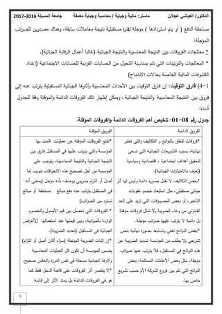 ‫المسيلة‬ ‫جامعة‬
2016
-
2017 ‫ماستر‬
:
‫وجباية‬ ‫مالية‬
/
‫معمقة‬ ‫وجباية‬ ‫محاسبة‬ ‫الدكتور‬
/
‫عجالن‬ ‫العياشي‬
72
‫الدفع‬ ‫مستحقة‬
(
‫استردادىا‬ ‫يتـ‬ ‫أك‬
)
‫ؿ‬ ‫مؤجمة‬
،‫سابقة‬ ‫معامبلت‬ ‫نتيجة‬ ‫مستقبمية‬ ‫ة‬
‫ر‬‫فت‬
‫ائب‬
‫ر‬‫لمض‬ ‫يف‬‫ر‬‫مصد‬ ‫كىناؾ‬
‫المؤجمة‬
:
*
‫الجبائية‬ ‫النتيجة‬‫ك‬ ‫المحاسبية‬ ‫النتيجة‬ ‫بيف‬ ‫الفركقات‬ ‫معالجات‬
(
‫الجبائية‬ ‫الرقابة‬ ‫أعماؿ‬ ‫غالبا‬
)
.
*
‫االجتماعية‬ ‫لمحسابات‬ ‫الفردية‬ ‫الحسابات‬ ‫مف‬ ‫التحكؿ‬ ‫بمناسبة‬ ‫تتـ‬ ‫التي‬ ‫تيبات‬‫ر‬‫الت‬‫ك‬ ‫المعالجات‬
(
‫إعداد‬
‫االندماج‬ ‫بحاالت‬ ‫الخاصة‬ ‫المالية‬ ‫الكشكفات‬
)
1
-
4
)
‫التوقيت‬ ‫فارؽ‬
:
‫إلى‬ ‫عنو‬ ‫تب‬‫ر‬‫يت‬ ‫المستقبمية‬ ‫الجبائية‬ ‫ىا‬
‫كآثار‬ ‫المحاسبية‬ ‫األحداث‬ ‫بيف‬ ‫التكقيت‬ ‫فارؽ‬ ‫إف‬
‫بيف‬ ‫فركؽ‬
‫المحاسبية‬ ‫النتيجة‬
‫الجبائية‬ ‫النتيجة‬‫ك‬
‫لمجدكؿ‬ ‫كفقا‬ ‫المؤقتة‬‫ك‬ ‫الدائمة‬ ‫الفركقات‬ ‫تمؾ‬ ‫إظيار‬ ‫كيمكف‬ ،
‫أدناه‬
:
‫رقـ‬ ‫جدوؿ‬
08
-
01
:
‫المؤقتة‬ ‫الفروقات‬‫و‬ ‫الدائمة‬ ‫الفروقات‬ ‫أىـ‬ ‫تمخيص‬
.
‫الدائمة‬ ‫الفركؽ‬
‫المؤقتة‬ ‫الفركؽ‬
*
‫تعتبر‬ ‫التي‬‫ك‬ ‫التكاليؼ‬ ‫ك‬ ‫اتج‬‫ك‬‫بالن‬ ‫تتعمؽ‬ ‫فركقات‬
‫تسعى‬ ‫التي‬ ‫الجبائية‬ ‫يعات‬‫ر‬‫التش‬ ‫بسبب‬ ،‫نيائية‬
‫كسياسية‬ ‫اقتصادية‬ ، ‫اجتماعية‬ ‫أىداؼ‬ ‫لتحقيؽ‬
(
‫الجبائية‬ ‫ات‬
‫ز‬‫باالمتيا‬ ‫تعرؼ‬
)
.
*
‫أثر‬ ‫ليا‬ ‫كليس‬ ‫دائمة‬ ‫ة‬
‫ر‬‫بصك‬ ‫تقبؿ‬ ‫ال‬ ‫التكاليؼ‬ ‫بعض‬
‫عقكبات‬ ‫خصـ‬ ‫استبعاد‬ ‫مثؿ‬ ،‫مستقبمي‬ ‫جبائي‬
‫الحد‬ ‫عمى‬ ‫يد‬‫ز‬‫ت‬ ‫التي‬ ‫المصركفات‬ ‫بعض‬ ‫أك‬ ،‫التأخير‬
‫مؤقتة‬ ‫فركقات‬ ‫تمثؿ‬ ‫ال‬
‫ك‬ ‫يبة‬‫ر‬‫الض‬ ‫كعاء‬ ‫مف‬ ‫القانكني‬
‫مؤجمة‬ ‫ائب‬
‫ر‬‫ض‬ ‫عمييا‬ ‫تب‬‫ر‬‫يت‬ ‫ال‬ ‫دائمة‬ ‫بؿ‬
.
*
‫بنص‬ ‫نيائية‬ ‫ة‬
‫ر‬‫بصك‬ ‫كتستبعد‬ ‫تعفى‬ ‫اتج‬‫ك‬‫الن‬ ‫بعض‬
‫عف‬ ‫يبة‬‫ر‬‫الض‬ ‫تسديد‬ ‫المؤسسة‬ ‫مف‬ ‫يطمب‬ ‫ال‬
‫ك‬ ‫يعي‬‫ر‬‫تش‬
‫ائب‬
‫ر‬‫ض‬ ‫عنيا‬ ‫تب‬‫ر‬‫يت‬ ‫فبل‬ ،‫المستقبؿ‬ ‫في‬ ‫اتج‬‫ك‬‫الن‬ ‫ىذه‬
‫بعض‬ ،‫المستممة‬ ‫اإلعانات‬ ‫بعض‬ ‫مثؿ‬ ،‫مؤجمة‬
‫يع‬‫ر‬‫تش‬ ‫حسب‬ ‫األـ‬ ‫الشركة‬ ‫ع‬
‫فرك‬ ‫بيف‬ ‫تتـ‬ ‫التي‬ ‫اتج‬‫ك‬‫الن‬
‫بيا‬ ‫خاص‬
.
*
‫بيا‬ ‫قامت‬ ‫عمميات‬ ‫عف‬ ‫المؤقتة‬ ‫الفركقات‬ ‫تنتج‬
‫بيف‬ ‫فارؽ‬ ‫المستقبؿ‬ ‫في‬ ‫عمييا‬ ‫تب‬‫ر‬‫يت‬ ‫التي‬‫ك‬ ‫المؤسسة‬
‫عمى‬ ‫يتكجب‬ ،‫المحاسبية‬ ‫النتيجة‬‫ك‬ ‫الجبائية‬ ‫النتيجة‬
‫إما‬ ‫تبكيب‬ ‫افات‬
‫ر‬‫االنح‬ ‫ىذه‬ ‫تصحيح‬ ‫أجؿ‬ ‫مف‬ ‫المؤسسة‬
‫مؤجؿ‬ ‫بأنو‬ ‫يكصؼ‬ ‫يبي‬‫ر‬‫ض‬ ‫اـ‬
‫ز‬‫الت‬ ‫أك‬ ‫أصؿ‬
(
‫أنو‬ ‫بمعنى‬
‫مبالغ‬ ‫دفع‬ ‫عنو‬ ‫تب‬‫ر‬‫يت‬ ‫المستقبؿ‬ ‫في‬
‫مستحقة‬
‫مبالغ‬ ‫أك‬
‫ائب‬
‫ر‬‫الض‬ ‫مف‬ ‫تسترد‬
)
*
‫الخصكـ‬‫ك‬ ‫األصكؿ‬ ‫قيـ‬ ‫بيف‬ ‫تحصؿ‬ ‫التي‬ ‫الفركقات‬
‫استعماليا‬ ‫عند‬ ‫قيمتيا‬ ‫كبيف‬ ،‫انية‬
‫ز‬‫بالمي‬ ‫اردة‬‫ك‬‫ال‬
‫ؿ‬
‫اض‬
‫ر‬‫ألغ‬
‫المستقبؿ‬ ‫في‬ ‫الجبائية‬
(
‫يبة‬‫ر‬‫الض‬ ‫تحديد‬
)
.
*
‫المؤجمة‬ ‫يبة‬‫ر‬‫الض‬ ‫إثبات‬ ‫إف‬
(
‫اـ‬
‫ز‬‫الت‬ ‫أك‬ ‫أصؿ‬ ‫أكاف‬ ‫اء‬‫ك‬‫س‬
)
‫المحاسبية‬ ‫العمميات‬ ‫كؿ‬ ‫تككف‬ ‫أف‬ ‫لممؤسسة‬ ‫يضمف‬
‫صحيح‬ ‫العكس‬‫ك‬ ‫ة‬
‫ر‬‫الدك‬ ‫نفس‬ ‫في‬ ‫مسجمة‬ ‫الجبائية‬ ‫ىا‬
‫كآثار‬
.
*
‫كما‬ ‫فقط‬ ‫الدخؿ‬ ‫قائمة‬ ‫عمى‬ ‫الفركقات‬ ‫أثر‬ ‫يقتصر‬ ‫ال‬
‫قائمة‬ ‫إلى‬ ‫األثر‬ ‫يمتد‬ ‫بؿ‬ ‫الدائمة‬ ‫الفركقات‬ ‫في‬ ‫ىك‬
 