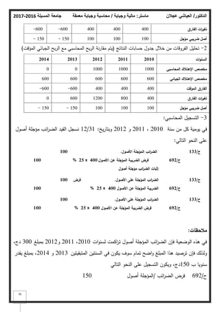 ‫المسيلة‬ ‫جامعة‬
2016
-
2017 ‫ماستر‬
:
‫وجباية‬ ‫مالية‬
/
‫معمقة‬ ‫وجباية‬ ‫محاسبة‬ ‫الدكتور‬
/
‫عجالن‬ ‫العياشي‬
76
‫الفارؽ‬ ‫ات‬
‫ر‬‫تغي‬
400
400
400
600
-
600
-
‫مؤجؿ‬ ‫ضريبي‬ ‫أصؿ‬
100
100
100
150
-
150
-
2
-
‫النتائج‬ ‫حسابات‬ ‫جدكؿ‬ ‫خبلؿ‬ ‫مف‬ ‫الفركقات‬ ‫تحميؿ‬
(
‫المؤقت‬ ‫الجبائي‬ ‫بح‬‫ر‬‫ال‬ ‫مع‬ ‫المحاسبي‬ ‫بح‬‫ر‬‫ال‬ ‫نة‬‫ر‬‫مقا‬ ‫يتـ‬
)
‫ات‬‫و‬‫السن‬
2010
2011
2012
2013
2014
‫المحاسبي‬ ‫اإلىتالؾ‬ ‫مخصص‬
1000
1000
1000
0
0
‫الجبائي‬ ‫اإلىتالؾ‬ ‫مخصص‬
600
600
600
600
600
‫المؤقت‬ ‫الفارؽ‬
400
400
400
600
-
600
-
‫الفارؽ‬ ‫ات‬
‫ر‬‫تغي‬
400
800
1200
600
0
‫مؤجؿ‬ ‫ضريبي‬ ‫أصؿ‬
100
100
100
150
-
150
-
3
-
‫المحاسبي‬ ‫التسجيؿ‬
:
‫سنة‬ ‫مف‬ ‫كؿ‬ ‫يكمية‬ ‫في‬
2010
،
2011
‫ك‬
2012
‫يخ‬‫ر‬‫كبتا‬
:
31
/
12
‫أصكؿ‬ ‫مؤجمة‬ ‫ائب‬
‫ر‬‫الض‬ ‫القيد‬ ‫نسجؿ‬
‫التالي‬ ‫النحك‬ ‫عمى‬
:
100
100 ‫األصوؿ‬ ‫المؤجمة‬ ‫ائب‬
‫ر‬‫الض‬
.
‫األصوؿ‬ ‫عف‬ ‫المؤجمة‬ ‫الضريبة‬ ‫فرض‬
400
x
25
%
‫أصوؿ‬ ‫مؤجمة‬ ‫ائب‬
‫ر‬‫الض‬ ‫إثبات‬
‫ح‬
/
692
‫ح‬
/
133
100
100 ‫األصوؿ‬ ‫عمى‬ ‫المؤجمة‬ ‫ائب‬
‫ر‬‫الض‬
.
‫فرض‬
‫األصوؿ‬ ‫عف‬ ‫المؤجمة‬ ‫الضريبة‬
400
x
25
% ‫ح‬
/
692
‫ح‬
/
133
100
100 ‫األصوؿ‬ ‫عمى‬ ‫المؤجمة‬ ‫ائب‬
‫ر‬‫الض‬
.
‫األصوؿ‬ ‫عف‬ ‫المؤجمة‬ ‫الضريبة‬ ‫فرض‬
400
x
25
% ‫ح‬
/
692
‫ح‬
/
133
‫مالحظات‬
:
‫ات‬‫ك‬‫لسن‬ ‫اكمت‬
‫ر‬‫ت‬ ‫أصكؿ‬ ‫المؤجمة‬ ‫ائب‬
‫ر‬‫الض‬ ‫فإف‬ ‫الكضعية‬ ‫ىذه‬ ‫في‬
2010
،
2011
‫ك‬
2012
‫بمبمغ‬
300
،‫دج‬
‫المتبقيتيف‬ ‫السنتيف‬ ‫في‬ ‫يككف‬ ‫سكؼ‬ ‫تماـ‬ ‫اضح‬‫ك‬ ‫المبمغ‬ ‫ىذا‬ ‫ترصيد‬ ‫فإف‬ ‫كلذلؾ‬
2013
‫ك‬
2014
‫يقدر‬ ‫بمبمغ‬ ،
‫ب‬ ‫سنكيا‬
150
‫التالي‬ ‫النحك‬ ‫عمى‬ ‫التسجيؿ‬ ‫كيككف‬ ،‫دج‬
‫ح‬
/
692
‫ائب‬
‫ر‬‫الض‬ ‫فرض‬
/
‫أصكؿ‬ ‫المؤجمة‬
150
 