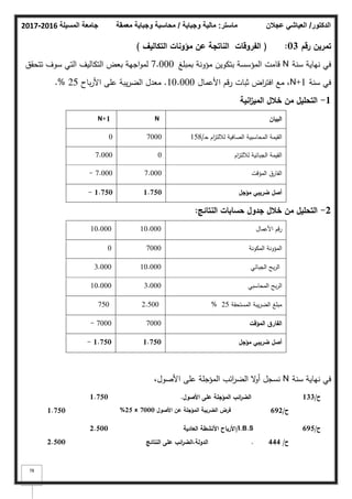‫المسيلة‬ ‫جامعة‬
2016
-
2017 ‫ماستر‬
:
‫وجباية‬ ‫مالية‬
/
‫معمقة‬ ‫وجباية‬ ‫محاسبة‬ ‫الدكتور‬
/
‫عجالن‬ ‫العياشي‬
78
‫رقـ‬ ‫تمريف‬
03
:
(
‫التكاليؼ‬ ‫مؤونات‬ ‫عف‬ ‫الناتجة‬ ‫الفروقات‬
)
‫سنة‬ ‫نياية‬ ‫في‬
N
‫بمبمغ‬ ‫مؤكنة‬ ‫بتككيف‬ ‫المؤسسة‬ ‫قامت‬
7.000
‫تتحقؽ‬ ‫سكؼ‬ ‫التي‬ ‫التكاليؼ‬ ‫بعض‬ ‫اجية‬‫ك‬‫لم‬
‫سنة‬ ‫في‬
N+1
‫األعماؿ‬ ‫رقـ‬ ‫ثبات‬ ‫اض‬
‫ر‬‫افت‬ ‫مع‬ ،
10.000
.
‫باح‬‫ر‬‫األ‬ ‫عمى‬ ‫يبة‬‫ر‬‫الض‬ ‫معدؿ‬
25
%
.
1
-
‫انية‬
‫ز‬‫المي‬ ‫خالؿ‬ ‫مف‬ ‫التحميؿ‬
‫البياف‬
N
N+1
‫ػ‬‫ح‬ ‫اـ‬
‫ز‬‫لبللت‬ ‫الصافية‬ ‫المحاسبية‬ ‫القيمة‬
/
158
7000
0
‫اـ‬
‫ز‬‫لبللت‬ ‫الجبائية‬ ‫القيمة‬
0
7.000
‫المؤقت‬ ‫الفارؽ‬
7.000
7.000
-
‫مؤجؿ‬ ‫ضريبي‬ ‫أصؿ‬
1.750
1.750
-
2
-
‫النتائج‬ ‫حسابات‬ ‫جدوؿ‬ ‫خالؿ‬ ‫مف‬ ‫التحميؿ‬
:
10.000 10.000 ‫األعماؿ‬ ‫رقـ‬
0 7000 ‫المككنة‬ ‫المؤكنة‬
3.000 10.000 ‫الجبائي‬ ‫بح‬‫ر‬‫ال‬
10.000 3.000 ‫المحاسبي‬ ‫بح‬‫ر‬‫ال‬
750 2.500 ‫المستحقة‬ ‫يبة‬‫ر‬‫الض‬ ‫مبمغ‬
25
%
7000
- 7000 ‫المؤقت‬ ‫الفارؽ‬
1.750
- 1.750 ‫مؤجؿ‬ ‫ضريبي‬ ‫أصؿ‬
‫سنة‬ ‫نياية‬ ‫في‬
N
،‫األصكؿ‬ ‫عمى‬ ‫المؤجمة‬ ‫ائب‬
‫ر‬‫الض‬ ‫ال‬
‫ك‬‫أ‬ ‫نسجؿ‬
1.750
1.750 ‫األصوؿ‬ ‫عمى‬ ‫المؤجمة‬ ‫ائب‬
‫ر‬‫الض‬
.
‫األصوؿ‬ ‫عف‬ ‫المؤجمة‬ ‫الضريبة‬ ‫فرض‬
7000
x
25
% ‫ح‬
/
692
‫ح‬
/
133
2.500
2.500 /I.B.S
‫العادية‬ ‫األنشطة‬ ‫األرباح‬
.
‫النتائج‬ ‫عمى‬ ‫ائب‬
‫ر‬‫الض‬،‫الدولة‬ ‫ح‬
/
444
‫ح‬
/
695
 
