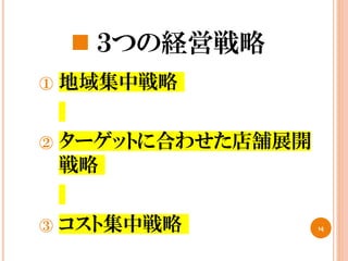  ３つの経営戦略
① 地域集中戦略
② ターゲットに合わせた店舗展開
戦略
③ コスト集中戦略 14
 