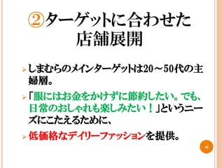 ②ターゲットに合わせた
店舗展開
 しまむらのメインターゲットは20～50代の主
婦層。
 「服にはお金をかけずに節約したい。でも、
日常のおしゃれも楽しみたい！」というニー
ズにこたえるために、
 低価格なデイリーファッションを提供。
16
 