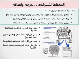 18
‫أنه‬ ‫فى‬ ‫االستراتيجى‬ ‫التخطيط‬ ‫أهمية‬ ‫تنبع‬
:

‫والبيئية‬ ‫واالقتصادية‬ ‫االجتماعية‬ ‫األبعاد‬ ‫يشمل‬ ‫بحيث‬ ‫متكامل‬
(
‫القط‬ ‫عبر‬ ‫والقضايا‬
‫اعية‬
)

‫والمعنيين‬ ‫األهالى‬ ‫توجهات‬ ‫ويمثل‬ ،‫المدنى‬ ‫المجتمع‬ ‫مشاركة‬ ‫أهمية‬ ‫على‬ ‫يؤكد‬

‫مرن‬
...
‫المحافظة‬ ‫لحالة‬ ً‫ا‬‫وفق‬ ‫مختلفة‬ ‫ومداخل‬ ‫منهجيات‬ ‫يتبنى‬ ‫أن‬ ‫يمكن‬ ‫بحيث‬

‫المدى‬ ‫بعيد‬ ‫منظور‬
...
‫الدولة‬ ‫خطط‬ ‫مع‬ ‫يتوافق‬
‫الخمسية‬

‫للتنفيذ‬ ‫الة‬ً‫ع‬‫ف‬ ‫آليات‬ ‫على‬ ‫يشمل‬
(
‫تتضمن‬
‫التمويل‬
‫الشركاء‬ ‫وأدوار‬
)

‫دورية‬ ‫ومراجعة‬ ‫متابعة‬ ‫وأليات‬ ‫أطر‬ ‫على‬ ‫يشمل‬

‫المحلي‬ ‫والهيئات‬ ‫المؤسسات‬ ‫قدرات‬ ‫على‬ ‫مبنى‬
‫ة‬
‫واالقليمية‬
‫المخطط‬
‫الاستراتيجى‬
:
‫واهدافه‬ ‫تعريفه‬
 