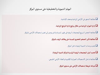 ‫المركز‬‫مستوي‬ ‫على‬‫والتخطيطية‬ ‫التنموية‬‫المهام‬

‫معالجة‬
‫ر‬‫التدهو‬
‫فى‬
‫اضي‬‫ر‬
‫أ‬
‫اال‬
‫اعية‬‫ر‬‫الز‬
‫وضعف‬
‫اإلنتاجية‬
.

‫دارة‬‫ا‬
‫الموارد‬
‫اعية‬‫ر‬‫الز‬
‫من‬
‫خالل‬
‫امج‬‫ر‬‫ب‬
‫دارة‬‫ا‬
‫امج‬‫ر‬‫الب‬
‫اعية‬‫ر‬‫الز‬
.

‫معالجة‬
‫التحضر‬
‫السريع‬
‫للمجتمعات‬
‫الريفية‬
‫فى‬
‫ظهير‬
‫المدينة‬
‫والذي‬
‫يؤدي‬
‫إلى‬
‫تغيير‬
‫إستعماالت‬
‫اضي‬‫ر‬
‫أ‬
‫اال‬
‫بالمركز‬
.

‫معالجة‬
‫ثير‬
‫أ‬
‫تا‬
‫التضخم‬
‫الحضري‬
‫للمدينة‬
‫على‬
‫وظائف‬
‫يف‬‫ر‬‫ال‬
‫بالمركز‬
.

‫تحديد‬
‫وحدات‬
‫التنمية‬
‫الريفية‬
‫داخل‬
‫المركز‬
.

‫تحديد‬
‫دوار‬
‫أ‬
‫ا‬
‫المجتمعات‬
‫يفية‬‫ر‬‫ال‬
‫ئيسية‬‫ر‬‫ال‬
(
‫اكز‬‫ر‬‫م‬
‫التنمية‬
‫يفية‬‫ر‬‫ال‬
)
.

‫معالجة‬
‫تداخل‬
‫االستعماالت‬
‫انية‬‫ر‬‫العم‬
‫اإلقليمية‬
‫والغطاء‬
‫رضي‬
‫أ‬
‫اال‬
‫الطبيعي‬
.

‫صياغة‬
‫يطة‬‫ر‬‫خ‬
‫ستعمالت‬‫ا‬
‫اضي‬‫ر‬
‫أ‬
‫ال‬
‫على‬
‫مستوي‬
‫المركز‬
.
 