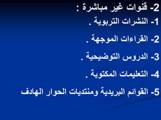 2
-
‫مباشرة‬ ‫غير‬ ‫قنوات‬
:
1
-
‫التربوية‬ ‫النشرات‬
.
2
-
‫الموجهة‬ ‫القراءات‬
.
3
-
‫التوضيحية‬ ‫الدروس‬
.
4
-
‫المكتوبة‬ ‫التعليمات‬
.
5
-
‫الهادف‬ ‫الحوار‬ ‫ومنتديات‬ ‫البريدية‬ ‫القوائم‬
 