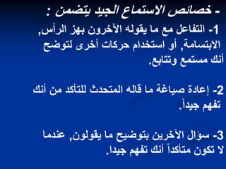 -
‫يتضمن‬ ‫الجيد‬ ‫االستماع‬ ‫خصائص‬
:
1
-
‫الرأس‬ ‫بهز‬ ‫اآلخرون‬ ‫يقوله‬ ‫ما‬ ‫مع‬ ‫التفاعل‬
,
‫االبتسامة‬
,
‫لتوضح‬ ‫أخرى‬ ‫حركات‬ ‫استخدام‬ ‫أو‬
‫وتتابع‬ ‫مستمع‬ ‫أنك‬
.
2
-
‫أنك‬ ‫من‬ ‫للتأكد‬ ‫المتحدث‬ ‫قاله‬ ‫ما‬ ‫صياغة‬ ‫إعادة‬
ً‫ا‬‫جيد‬ ‫تفهم‬
.
3
-
‫يقولون‬ ‫ما‬ ‫بتوضيح‬ ‫اآلخرين‬ ‫سؤال‬
,
‫عندما‬
‫جيدا‬ ‫تفهم‬ ‫أنك‬ ً‫ا‬‫متأكد‬ ‫تكون‬ ‫ال‬
.
 