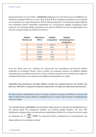 Απίθανες Ιστορίες
Γ. ΛΑΓΟΥΔΑΚΟΣ σελ. 25
Χρησιμοποιώντας την τιμή λ=0,61, ο Bortkiewicz εφάρμοσε τον τύπο Poisson για να προβλέψει την
πιθανότητα αριθμού θανάτου, x , με x = 0, 1, 2, 3, 4, 5, 6 και συγχρόνως υπολόγισε και τον αριθμό
των ατυχημάτων αν είχαμε θεωρητικώς 200 συνολικά ατυχήματα. Οι υπολογισμοί παρουσιάζονται
στον παρακάτω πίνακα. Ακολούθως παρατήρησε ότι ο εκτιμώμενος αριθμός ατυχημάτων (τρίτη
στήλη) με τον αντίστοιχο αριθμό ατυχημάτων που είχε στη διάθεσή του από τις παρατηρήσεις των
20 ετών ( τέταρτη στήλη) που διέθετε συνέπιπταν !
Αυτό που έδειξε είναι ότι ο αριθμός των στρατιωτών που σκοτώθηκαν από κλωτσιά αλόγου
ακολουθεί την κατανομή Poisson, οπότε με βάση την κατανομή μπορούν να εξαχθούν ασφαλή
συμπεράσματα για μελλοντικά γεγονότα. Επίσης επειδή τα γεγονότα στη κατανομή είναι τυχαία και
ανεξάρτητα θα πρέπει και τα πραγματικά συμβάντα να θεωρηθούν ως τυχαία.
Ακολούθως θα μελετήσουμε μία άλλη Απίθανη ιστορία που πραγματοποιείται στο Λονδίνο στα
μέσα του 1940 όταν οι Γερμανικοί πύραυλοι σκορπούσαν τον τρόμο στην Βρετανική πρωτεύουσα.
Με βάση κάποιες παρατηρήσεις εκείνη την εποχή, ορισμένες περιοχές χτυπήθηκαν πιο συχνά από
άλλες. O βρετανικός στρατός ήθελε να επιβεβαιώσει εάν οι στόχοι είχαν επιλεγεί ή ο βομβαρδισμός
είχε γίνει τυχαία.
Τότε ανέλαβε δράση ο R.D.Clarke στατιστικολόγος. Αφού χώρισε την περιοχή που βομβαρδιζόταν με
ένα πλέγμα (grid) 576 τετραγώνων μέτρησε τον συνολικό αριθμό βομβών, που ήταν 538.
Εργαζόμενος παρόμοια όπως στο προηγούμενο παράδειγμα υπέθεσε ότι οι πύραυλοι έπεσαν τυχαία
και εφάρμοσε για
538
λ 0,934
576
= = την κατανομή Poisson καταλήγοντας σε συμπεράσματα που
παρουσιάζονται στον παρακάτω πίνακα.
Αριθμοί
θανάτων (x)
Πιθανότητα
Ρ(Χ=x)
Αριθμός
ατυχημάτων
Αριθμός
καταγεγραμμένων
ατυχημάτων
0 0,5434 108,68 109
1 0,3315 66,3 65
2 0,1011 20,22 22
3 0,0205 4,1 3
4 0,0032 0,64 1
5 0,0004 0,08 0
6 0,0001 0,02 0
 