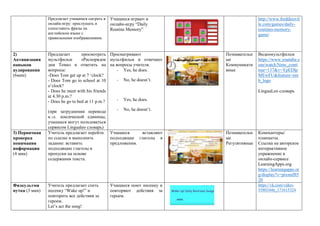 Предлагает учащимся сыграть в
онлайн-игру: прослушать и
сопоставить фразы на
английском языке с
правильными изображениями.
Учащиеся играют в
онлайн-игру “Daily
Routine Memory”
http://www.freddiesvil
le.com/games/daily-
routines-memory-
game/
2)
Активизация
навыков
аудирования
(6мин)
Предлагает просмотреть
мультфильм «Распорядок
дня Тома» и ответить на
вопросы:
-Does Tom get up at 7 ‘clock?
- Does Tom go to school at 10
o’clock?
- Does he meet with his friends
at 4.30 p.m.?
- Does he go to bed at 11 p.m.?
(при затруднении перевода
к.-л. лексической единицы,
учащиеся могут пользоваться
сервисом Lingualeo словарь)
Просматривают
мультфильм и отвечают
на вопросы учителя.
- Yes, he does.
- No, he doesn’t.
- Yes, he does.
- No, he doesn’t.
Познавательн
ые
Коммуникати
вные
Видеомультфильм
https://www.youtube.c
om/watch?time_conti
nue=137&v=YpEDlp
MEwFU&feature=em
b_logo
LinguaLeo словарь
3) Первичная
проверка
понимания
информации
(4 мин)
Учитель предлагает перейти
по ссылке и выполнить
задание: вставить
подходящие глаголы в
пропуски на основе
содержания текста.
Учащиеся вставляют
подходящие глаголы в
предложения.
Познавательн
ые
Регулятивные
Компьютеры/
планшеты.
Ссылка на авторское
интерактивное
упражнение в
онлайн-сервисе
LearningApps.org
https://learningapps.or
g/display?v=pixnnfft5
20
Физкультми
нутка (3 мин)
Учитель предлагает спеть
песенку “Wake up!” и
повторить все действия за
героем.
Let’s act the song!
Учащиеся поют песенку и
повторяют действия за
героем.
https://vk.com/video-
55803446_171615324
 