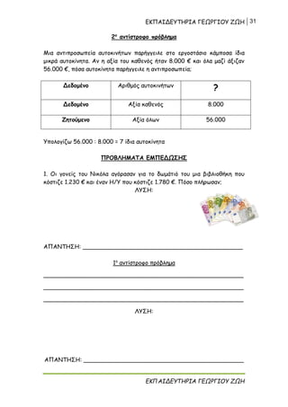 ΕΚΠΑΙΔΕΥΤΗΡΙΑ ΓΕΩΡΓΙΟΥ ΖΩΗ 31
ΕΚΠΑΙΔΕΥΤΗΡΙΑ ΓΕΩΡΓΙΟΥ ΖΩΗ
2ο
αντίστροφο πρόβλημα
Μια αντιπροσωπεία αυτοκινήτων παρήγγειλε στο εργοστάσιο κάμποσα ίδια
μικρά αυτοκίνητα. Αν η αξία του καθενός ήταν 8.000 € και όλα μαζί άξιζαν
56.000 €, πόσα αυτοκίνητα παρήγγειλε η αντιπροσωπεία;
Δεδομένο Αριθμός αυτοκινήτων
?
Δεδομένο Αξία καθενός 8.000
Ζητούμενο Αξία όλων 56.000
Υπολογίζω 56.000 : 8.000 = 7 ίδια αυτοκίνητα
ΠΡΟΒΛΗΜΑΤΑ ΕΜΠΕΔΩΣΗΣ
1. Οι γονείς του Νικόλα αγόρασαν για το δωμάτιό του μια βιβλιοθήκη που
κόστιζε 1.230 € και έναν Η/Υ που κόστιζε 1.780 €. Πόσο πλήρωσαν;
ΛΥΣΗ:
ΑΠΑΝΤΗΣΗ: ____________________________________________
1ο
αντίστροφο πρόβλημα
_______________________________________________________
_______________________________________________________
_______________________________________________________
ΛΥΣΗ:
ΑΠΑΝΤΗΣΗ: ____________________________________________
 