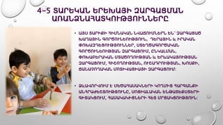 4-5 ՏԱՐԵԿԱՆ ԵՐԵԽԱՅԻ ԶԱՐԳԱՑՄԱՆ
ԱՌԱՆՁՆԱՀԱՏԿՈՒԹՅՈՒՆՆԵՐԸ
• ԱՅՍ ՏԱՐԻՔԻ ՀԻՄՆԱԿԱՆ ՆՎԱՃՈՒՄՆԵՐՆ ԵՆ՝ ԶԱՐԳԱՑԱԾ
ԽԱՂԱՅԻՆ ԳՈՐԾՈՒՆԵՈՒԹՅՈՒՆ, ԴԵՐԱՅԻՆ և ԻՐԱԿԱՆ
ՓՈԽԱԶԴԵՑՈՒԹՅՈՒՆՆԵՐ, ՍՏԵՂԾԱԳՈՐԾԱԿԱՆ
ԳՈՐԾՈՒՆԵՈՒԹՅԱՆ ԶԱՐԳԱՑՈՒՄ, ԸՆԿԱԼՄԱՆ,
ՓՈԽԱԲԵՐԱԿԱՆ ՄՏԱԾՈՂՈՒԹՅԱՆ և ԵՐևԱԿԱՅՈՒԹՅԱՆ
ԶԱՐԳԱՑՈՒՄ, ՀԻՇՈՂՈՒԹՅԱՆ, ՈՒՇԱԴՐՈՒԹՅԱՆ, ԽՈՍՔԻ,
ՃԱՆԱՉՈՂԱԿԱՆ ՄՈՏԻՎԱՑԻԱՅԻ ԶԱՐԳԱՑՈՒՄ։
• ՁևԱՎՈՐՎՈՒՄ Է ՄԵԾԱՀԱՍԱԿՆԵՐԻ ԿՈՂՄԻՑ ՀԱՐԳԱՆՔԻ
ԱՆՀՐԱԺԵՇՏՈՒԹՅՈՒՆԸ, ՍՈՑԻԱԼԱԿԱՆ ԵՆԹԱՏԵՔՍՏԵՐԻ
ԳԻՏԱԿՑՈՒՄ, ՀԱՍԱԿԱԿԻՑՆԵՐԻ ՀԵՏ ՄՐՑԱԿՑՈՒԹՅՈՒՆ:
 