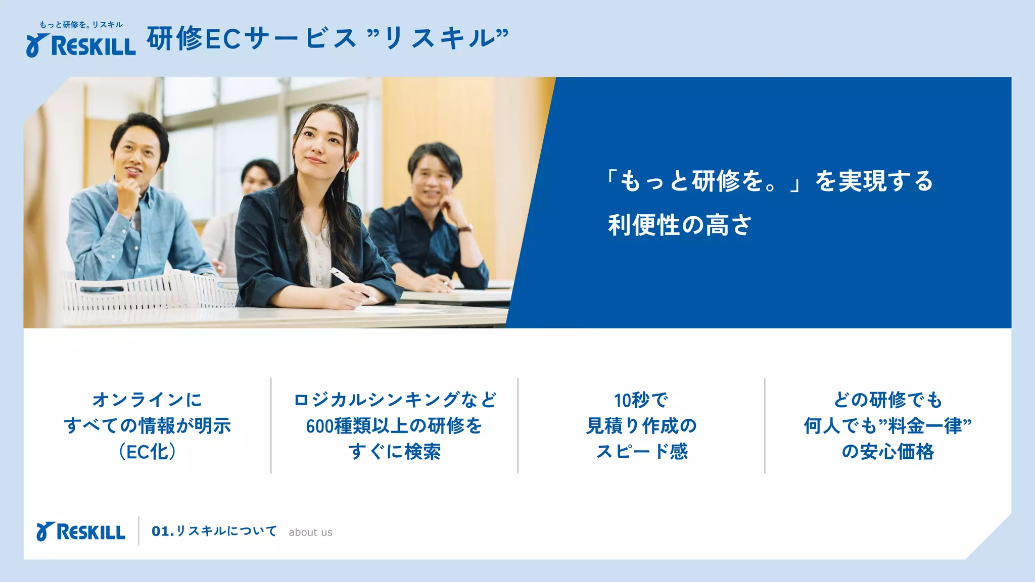 オンラインに
すべての情報が明示
（EC化）
ロジカルシンキングなど
600種類以上の研修を
すぐに検索
10秒で
見積り作成の
スピード感
どの研修でも
何人でも”料金一律”
の安心価格
「もっと研修を。」を実現する
利便性の高さ
研修ECサービス ”リスキル”
01.リスキルについて about us
 