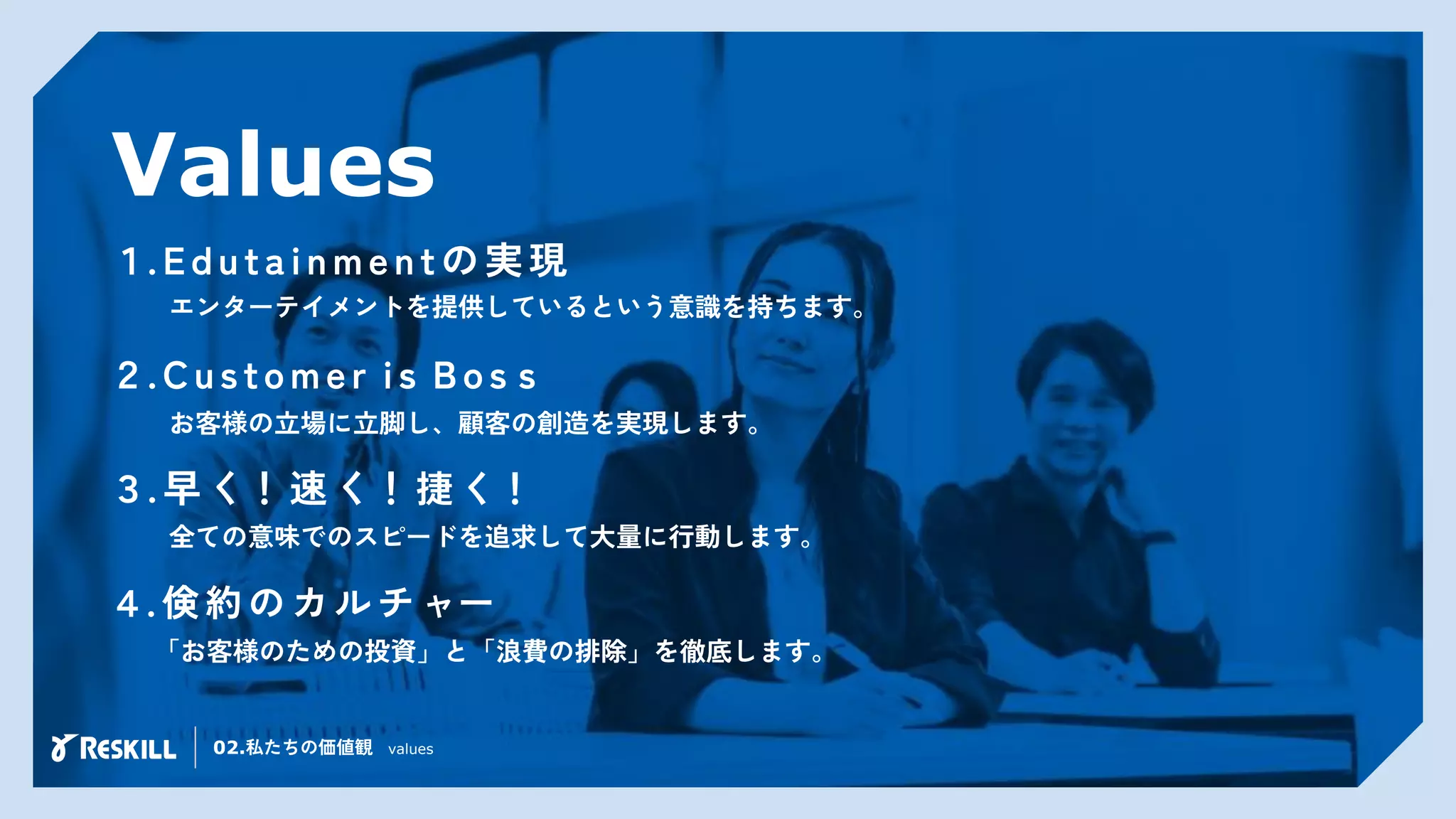 02.私たちの価値観 values
Values
１.Edutainmentの実現
２.Customer is Bos s
３.早く！速く！捷 く！
４.倹 約 の カ ル チ ャー
エンターテイメントを提供しているという意識を持ちます。
お客様の立場に立脚し、顧客の創造を実現します。
「お客様のための投資」と「浪費の排除」を徹底します。
全ての意味でのスピードを追求して大量に行動します。
 