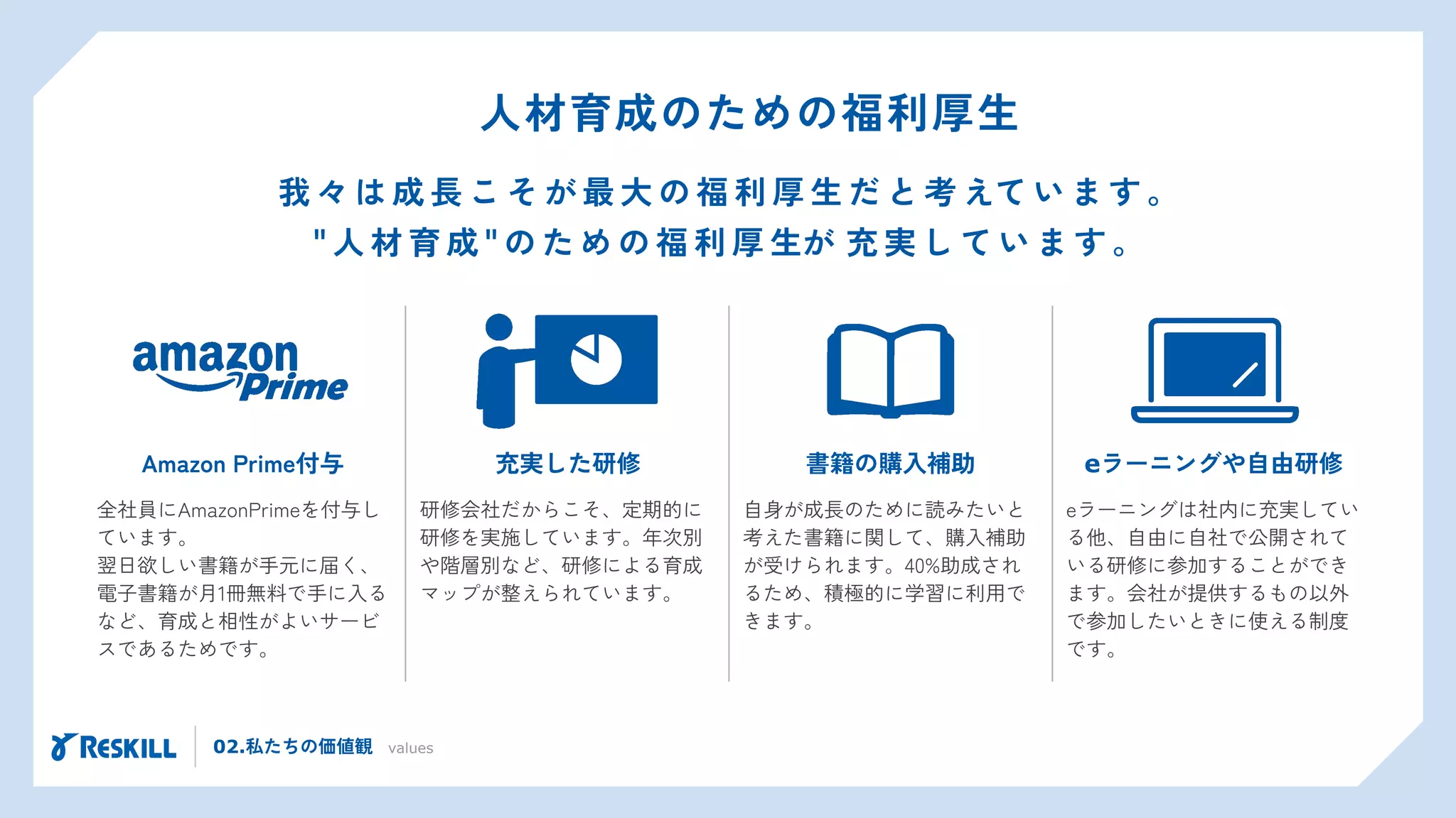 02.私たちの価値観 values
人材育成のための福利厚生
我 々 は 成 長 こ そ が 最 大 の 福 利 厚 生 だ と 考 えて い ま す 。
" 人 材 育 成 " の た め の 福 利 厚 生が 充 実 し て い ま す 。
Amazon Prime付与 充実した研修 書籍の購入補助
自身が成長のために読みたいと
考えた書籍に関して、購入補助
が受けられます。40%助成され
るため、積極的に学習に利用で
きます。
研修会社だからこそ、定期的に
研修を実施しています。年次別
や階層別など、研修による育成
マップが整えられています。
全社員にAmazonPrimeを付与し
ています。
翌日欲しい書籍が手元に届く、
電子書籍が月1冊無料で手に入る
など、育成と相性がよいサービ
スであるためです。
eラーニングは社内に充実してい
る他、自由に自社で公開されて
いる研修に参加することができ
ます。会社が提供するもの以外
で参加したいときに使える制度
です。
eラーニングや自由研修
 