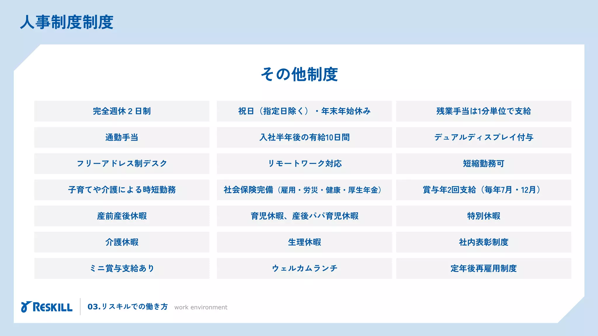 人事制度制度
その他制度
完全週休２日制 祝日（指定日除く）・年末年始休み 残業手当は1分単位で支給
通勤手当 入社半年後の有給10日間 デュアルディスプレイ付与
フリーアドレス制デスク リモートワーク対応 短縮勤務可
子育てや介護による時短勤務 社会保険完備（雇用・労災・健康・厚生年金） 賞与年2回支給（毎年7月・12月）
産前産後休暇 育児休暇、産後パパ育児休暇 特別休暇
介護休暇 生理休暇 社内表彰制度
ミニ賞与支給あり ウェルカムランチ 定年後再雇用制度
03.リスキルでの働き方 work environment
 