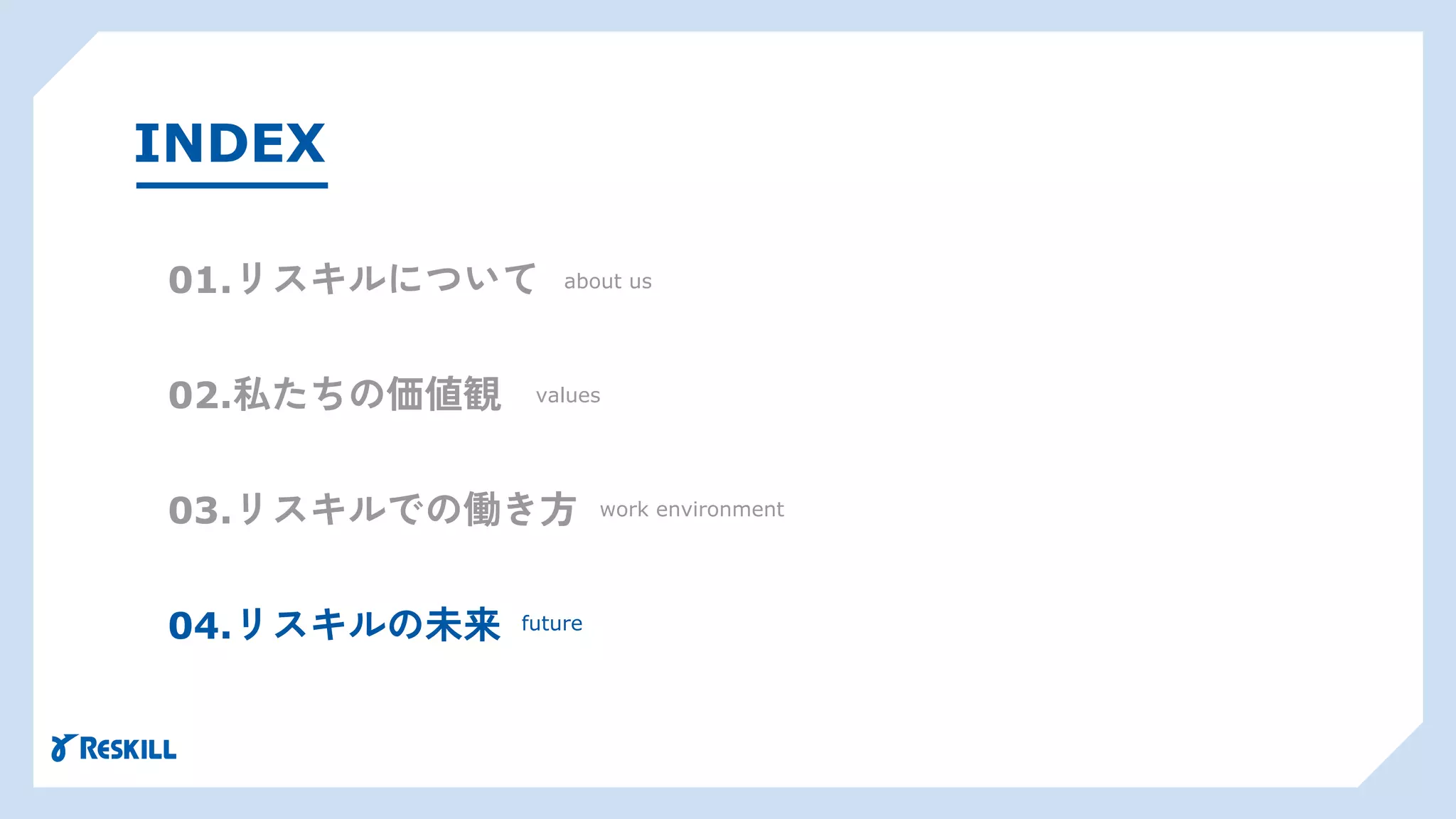 INDEX
01.リスキルについて
02.私たちの価値観
03.リスキルでの働き方
04.リスキルの未来
about us
values
work environment
future
 