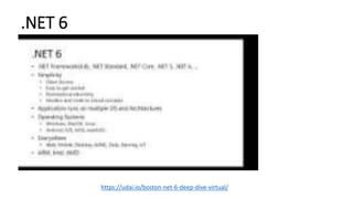 .NET 6
https://udai.io/boston-net-6-deep-dive-virtual/
 