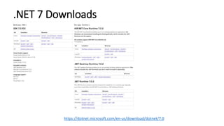 .NET 7 Downloads
https://dotnet.microsoft.com/en-us/download/dotnet/7.0
 