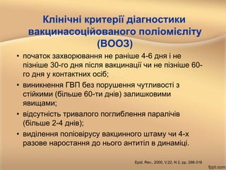 Клінічні критерії діагностики
вакцинасоційованого поліомієліту
(ВООЗ)
• початок захворювання не раніше 4-6 дня і не
пізніше 30-го дня після вакцинації чи не пізніше 60-
го дня у контактних осіб;
• виникнення ГВП без порушення чутливості з
стійкими (більше 60-ти днів) залишковими
явищами;
• відсутність тривалого поглиблення паралічів
(більше 2-4 днів);
• виділення поліовірусу вакцинного штаму чи 4-х
разове наростання до нього антитіл в динаміці.
Epid. Rev., 2000, V.22, N 2, pp. 298-316
 