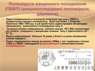 Поліовіруси вакцинного походження
(ПВВП) (вакциноспоріднені поліовіруси,
деривати)
• Перші повідомлення в іноземній літературі про роль ПВВП в
епідемічному процесі поліомієліту, були пов’язані з Єгиптом.
Протягом 1983–1993 рр. в цій країні було зареєстровано 30 випадків
поліомієліту, викликаного поліовірусом типу 2.
• За результатами секвенування ділянки геному VP1 (903 нуклеотиди)
всі ізоляти споріднені з вакцинним штамом типу 2 (ідентичність 93 -
97 %).
• Віруси циркулювали близько 10 років у Єгипті за умов незалежних
шляхів передачі.
• Повне секвенування геному як ранніх (1988р.), так і виділених пізніше
(1993 р.) ПВВП, підтвердило їх рекомбінацію з неполіомієлітними
ентеровірусами.
 