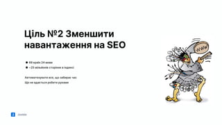 Jooble
Ціль №2 Зменшити
навантаження на SEO
● 69 країн 24 мови
● ~25 мільйонів сторінок в індексі
Автоматизувати все, що забирає час
Що не вдається робити руками
 