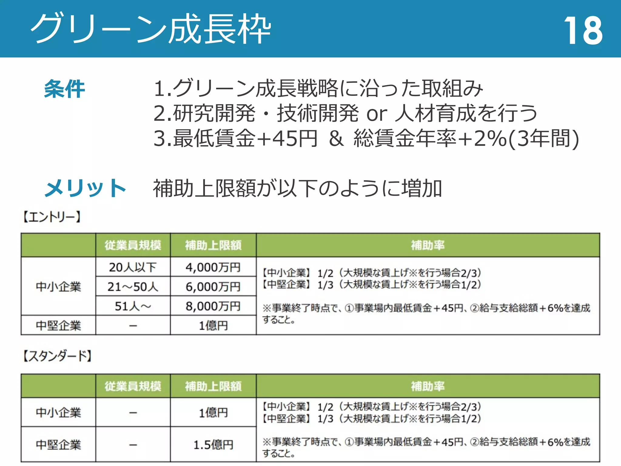 グリーン成⻑枠 18
条件
メリット
デメリット
1.グリーン成⻑戦略に沿った取組み
2.研究開発・技術開発 or ⼈材育成を⾏う
3.最低賃⾦+45円 ＆ 総賃⾦年率+2%(3年間)
補助上限額が以下のように増加
 
