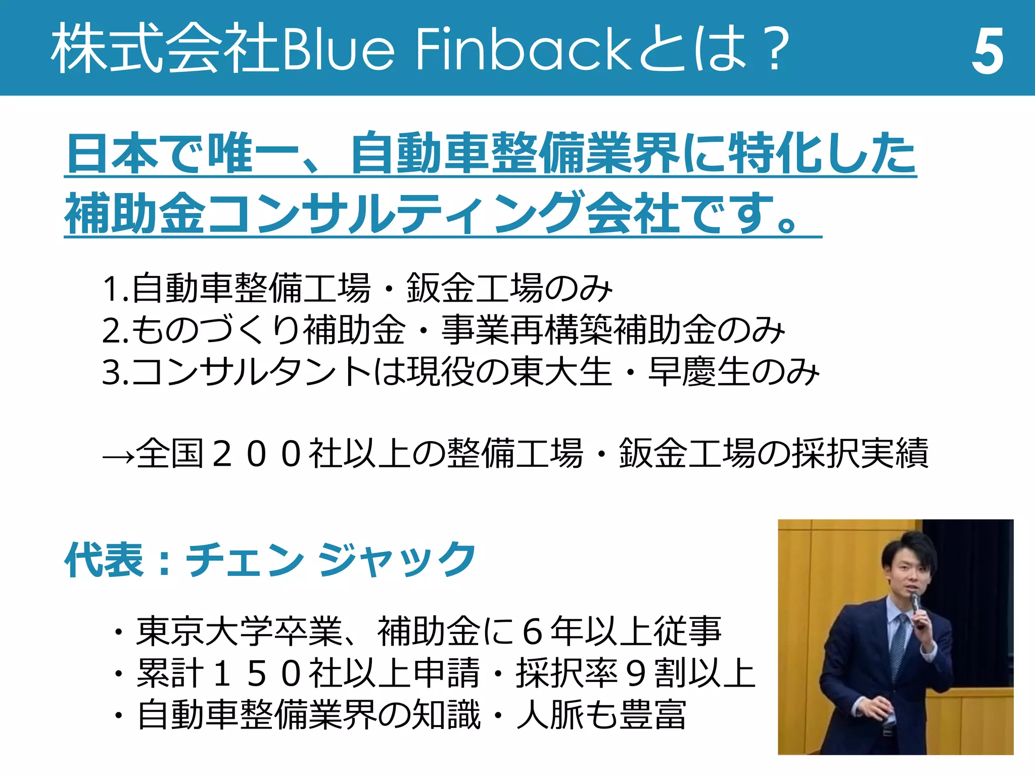 株式会社Blue Finbackとは︖
⽇本で唯⼀、⾃動⾞整備業界に特化した
補助⾦コンサルティング会社です。
5
1.⾃動⾞整備⼯場・鈑⾦⼯場のみ
2.ものづくり補助⾦・事業再構築補助⾦のみ
3.コンサルタントは現役の東⼤⽣・早慶⽣のみ
→全国２００社以上の整備⼯場・鈑⾦⼯場の採択実績
代表︓チェン ジャック
・東京⼤学卒業、補助⾦に６年以上従事
・累計１５０社以上申請・採択率９割以上
・⾃動⾞整備業界の知識・⼈脈も豊富
 