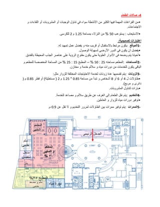 4
-
‫الطعام‬ ‫صاالت‬
•
‫و‬ ‫اللقاءات‬ ‫أو‬ ‫المشروبات‬ ‫أو‬ ‫الوجبات‬ ‫تناول‬ ‫في‬ ‫سواء‬ ‫األنشطة‬ ‫من‬ ‫الكثير‬ ‫فيها‬ ‫المهمة‬ ‫الفراغات‬ ‫من‬
‫االجتماعات‬
.
•
‫يستوعب‬ : ‫االستيعاب‬
50
‫بمساحة‬ ‫النزالء‬ ‫من‬ %
1.25
‫م‬
2
‫للكرسى‬
.
‫تصميمية‬ ‫اعتبارات‬
:
1-
‫ا‬
‫لموقع‬
:
‫له‬ ‫تمهيد‬ ‫عمل‬ ‫يفضل‬ ‫و‬ ‫منه‬ ‫قريب‬ ‫أو‬ ‫باالستقبال‬ ‫مرتبط‬ ‫يكون‬
.
•
‫الوصول‬ ‫لسهولة‬ ‫األرضى‬ ‫الدور‬ ‫فى‬ ‫يكون‬ ‫أن‬ ‫يفضل‬
.
•
‫بالفندق‬ ‫المحيطة‬ ‫الجذب‬ ‫عناصر‬ ‫على‬ ‫الرؤية‬ ‫مفتوح‬ ‫يكون‬ ‫حتى‬ ‫العلوية‬ ‫األدوار‬ ‫فى‬ ‫وضعه‬ ‫يتم‬ ‫أحيانا‬
.
2-
‫المساحات‬
:
‫مساحته‬ ‫المطعم‬
25
:
50
%
–
‫المطبخ‬
15
:
25
‫و‬ ‫للمطعم‬ ‫المخصصة‬ ‫المساحة‬ ‫من‬ %
‫مخازن‬ ‫و‬ ‫خدمة‬ ‫ساللم‬ ‫و‬ ‫مياه‬ ‫دورات‬ ‫من‬ ‫للخدمات‬ ‫يكون‬ ‫الباقى‬
.
3-
‫الزونات‬
:
‫مثل‬ ‫للزوار‬ ‫المختلفة‬ ‫االحتياجات‬ ‫لخدمة‬ ‫زونات‬ ‫عدة‬ ‫تقسميها‬ ‫يتم‬
:
•
‫ل‬ ‫طاوالت‬
4
‫أو‬
6
‫أو‬
8
‫مساحة‬ ‫من‬ ‫تبدأ‬ ‫و‬ ‫أشخاص‬
0.85
*
1.25
‫م‬
2
‫قطر‬ ‫أو‬ )‫مستطيلة‬ (
0.85
( ‫م‬
‫دائر‬
)‫مربع‬ ‫و‬ ‫ى‬
.
•
‫المشروبات‬ ‫لتناول‬ ‫بارات‬
.
4-
‫التخديم‬
:
‫للخدمة‬ ‫مصاعد‬ ‫و‬ ‫ساللم‬ ‫طريق‬ ‫عن‬ ‫الغرف‬ ‫إلى‬ ‫الطعام‬ ‫نقل‬ ‫يتم‬
.
•
‫العاملين‬ ‫و‬ ‫للزوار‬ ‫مياه‬ ‫دورات‬ ‫توفير‬
.
5-
‫الممرات‬
:
‫عن‬ ‫تقل‬ ‫ال‬ ‫و‬ ‫التخديم‬ ‫لمرور‬ ‫الطاوالت‬ ‫بين‬ ‫ممرات‬ ‫توفير‬ ‫يتم‬
0.9
‫م‬
.
 