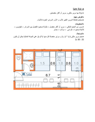 5
-
‫عائلية‬ ‫غرفة‬
•
‫ب‬ ‫غرفة‬
‫منفصلين‬ ‫أكثر‬ ‫أو‬ ‫سرير‬ ‫و‬ ‫ملكى‬ ‫سرير‬ ‫ها‬
.
•
‫منها‬ ‫الغرض‬
:
•
‫لألبناء‬ ‫المفردة‬ ‫السراير‬ ‫و‬ ‫األم‬ ‫و‬ ‫لألب‬ ‫الكبير‬ ‫السرير‬ ‫للعائلة‬ ‫تستخدم‬
.
•
‫المحتويات‬
:
•
‫الملكى‬ ‫الحجم‬ ‫من‬ ‫سرير‬
–
‫منفصل‬ ‫أكثر‬ ‫أو‬ ‫سرير‬
–
‫السرائر‬ ‫بين‬ ‫للفصل‬ ‫صغيرة‬ ‫طاولة‬
–
‫تليفزيون‬
–
‫صغيرة‬ ‫ثالجة‬
–
‫كراسى‬
–
‫دوالب‬
–
‫حم‬
‫ام‬
.
•
‫المساحة‬
:
•
‫ملكى‬ ‫سرير‬ ‫حجم‬
1.5
*
2
‫م‬
2
‫منها‬ ‫كل‬ ‫منفصلة‬ ‫سراير‬ ‫و‬
1
*
2
‫م‬
2
• .
‫تكون‬ ‫أن‬ ‫يمكن‬ ‫العائلية‬ ‫الغرفة‬ ‫فى‬
25
:
30
‫م‬
2
 