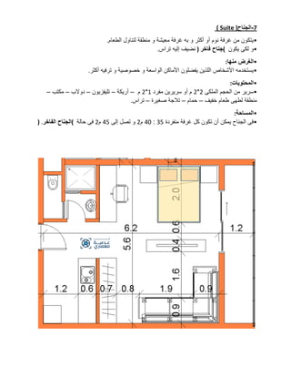7
-
‫الجناح‬
)
Suite
(
•
‫لتناول‬ ‫منطقة‬ ‫و‬ ‫معيشة‬ ‫غرفة‬ ‫به‬ ‫و‬ ‫أكثر‬ ‫أو‬ ‫نوم‬ ‫غرفة‬ ‫من‬ ‫يتكون‬
‫الطعام‬
.
•
‫يكون‬ ‫لكى‬ ‫و‬
(
‫فاخر‬ ‫جناح‬
)
‫تراس‬ ‫إليه‬ ‫نضيف‬
.
•
‫منها‬ ‫الغرض‬
:
•
‫أكثر‬ ‫ترفيه‬ ‫و‬ ‫خصوصية‬ ‫و‬ ‫الواسعة‬ ‫األماكن‬ ‫يفضلون‬ ‫اللذين‬ ‫األشخاص‬ ‫يستخدمه‬
.
•
‫المحتويات‬
:
•
‫الملكى‬ ‫الحجم‬ ‫من‬ ‫سرير‬
2
*
2
‫مفرد‬ ‫سريرين‬ ‫أو‬ ‫م‬
1
*
2
‫م‬
–
‫أريكة‬
–
‫تليفزيون‬
–
‫دوالب‬
–
‫مكتب‬
–
‫خفي‬ ‫طعام‬ ‫لطهى‬ ‫منطقة‬
‫ف‬
–
‫حمام‬
–
‫صغيرة‬ ‫تالجة‬
–
‫تراس‬
.
•
‫المساحة‬
:
•
‫منفردة‬ ‫غرفة‬ ‫كل‬ ‫تكون‬ ‫أن‬ ‫يمكن‬ ‫الجناح‬ ‫فى‬
35
:
40
‫م‬
2
‫إلى‬ ‫تصل‬ ‫و‬
45
‫م‬
2
‫حالة‬ ‫فى‬
(
‫الفاخر‬ ‫الجناح‬
) .
 