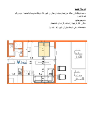 8
-
‫الكابانا‬ ‫غرفة‬
•
.‫منفصل‬ ‫سباحة‬ ‫حمام‬ ‫غرفة‬ ‫لكل‬ ‫تكون‬ ‫أن‬ ‫يمكن‬ ‫و‬ ‫سباحة‬ ‫حمام‬ ‫على‬ ‫مطلة‬ ‫تكون‬ ‫الغرفة‬ ‫هذه‬
•
‫لها‬ ‫يكون‬
‫كبيرة‬ ‫شرفة‬
.
•
‫منها‬ ‫الغرض‬
:
•
‫االستجمام‬ ‫و‬ ‫للراحة‬ ‫تستخدم‬ ‫و‬ ‫ترفيهية‬ ‫أكثر‬ ‫تكون‬
.
•
‫المساحة‬
: •
‫تكون‬ ‫أن‬ ‫يمكن‬ ‫الغرفة‬ ‫فى‬
30
:
45
‫م‬
2
.
 
