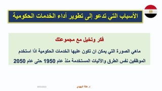 ‫د‬
.
‫البهيدي‬ ‫هالة‬ ‫د‬
.
‫البهيدي‬ ‫هالة‬
9/03/2023
‫األسباب‬
‫إلى‬ ‫تدعو‬ ‫التي‬
‫الحكومية‬ ‫الخدمات‬ ‫أداء‬ ‫تطوير‬
‫مجموعتك‬ ‫مع‬ ‫وتخيل‬ ‫فكر‬
‫استخدم‬ ‫اذا‬ ‫الحكومية‬ ‫الخدمات‬ ‫عليها‬ ‫تكون‬ ‫ان‬ ‫يمكن‬ ‫التي‬ ‫الصورة‬ ‫ماهي‬
‫عام‬ ‫منذ‬ ‫المستخدمة‬ ‫واآلليات‬ ‫الطرق‬ ‫نفس‬ ‫الموظفين‬
1950
‫عام‬ ‫حتى‬
2050
 