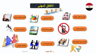 ‫د‬
.
‫البهيدي‬ ‫هالة‬ ‫د‬
.
‫البهيدي‬ ‫هالة‬
‫المهني‬ ‫االتفاق‬
‫الوقت‬ ‫طوال‬ ‫االبتسامة‬
‫تقبل‬
‫اآلراء‬ ‫جميع‬
‫صامت‬ ‫المحمول‬
‫المجموعات‬ ‫بين‬ ‫االحترام‬
‫والمشاركة‬ ‫التعاون‬
‫المحدد‬ ‫بالوقت‬ ‫االلتزام‬
‫فريق‬ ‫في‬ ‫العمل‬
‫االستماع‬
‫لالخر‬
‫اإليجابي‬ ‫التفاعل‬
9/03/2023
 