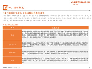 8
1.4 中国镍的产业政策：资源和镍新材料是关注重点
工信部2016年10月发布的《有色金属工业发展规划（2016-2020年）》对我国镍的规划和产业政策做了较为详细的介绍，其中，镍
资源以及镍新材料是重点。镍资源方面，着重提高资源保障能力，加快国内资源勘探、开发，推进海外资源开发投资合作。镍新材
料方面，重点发展高镍正极材料、镍基高温耐腐蚀合金、羰基镍，羰基镍铁粉等新材料。
 镍产业政策的主要内容
数据来源：政府文件，平安证券研究所
一、镍的概述
项目 政策内容
资源
推进镍重点成矿区带矿产远景调查与找矿预测，加快勘探开发。统筹利用国内外两种资源，支持有
实力的企业集团或联合体有序开展境内外资源勘探、开发和合作，构建多元化的矿产资源供应体系。
鼓励企业通过绿地投资、并购投资、股权投资等方式，与相关国家和地区开展互利共赢的产业开发
投资合作，稳步推进境外镍矿产资源生产基地建设
冶炼及加工
鼓励发展低成本红土镍矿冶炼技术；充分利用“互联网+”，鼓励镍加工企业建立高效协同的研发
设计平台，通过电子商务、大数据、云平台等，响应下游用户个性化定制、加工配送、产品租赁、
维修服务等需求
镍新材料
围绕储能与新能源汽车等领域需求，重点发展高比容量及长循环寿命锂离子电池用层状高镍正极材
料；大力发展镍基高温耐蚀合金、羰基镍、羰基镍铁粉满足国内需求
环保
推进重金属污染区域联防联控，以国家重点防控区及铅锌、铜、镍、二次有色金属资源冶炼等企业
为核心，以铅、砷、镉、汞和铬等Ⅰ类重金属污染物综合防治为重点，严格执行国家约束性减排指
标
 