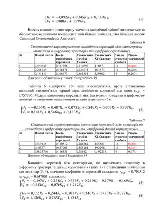 {
𝑈1 = −0,892𝐾9 + 0,345𝐾10 + 0,183𝐾11,
𝑉1 = 0,008𝐾1 + 0,999𝐾2.
(1)
Внесок кожного індикатора у значення канонічної змінної визначається за
абсолютною величиною коефіцієнта: чим більше значення, тим більший внесок
(Canonical Correspondence Analysis).
Таблиця 6
Статистичні характеристики канонічних кореляцій між категоріями
«поведінка в цифровому просторі» та «цифрове середовище»
№ Власні числа Коеф.
канонічних
кореляцій
Статистика
Лямбда
Уилкса
Статистика
Хі-Квадрат
Число
ступенів
свободи
Рівень
значущості
1 0,573649 0,757396 0,270593 47,057 18 0,0002
2 0,266743 0,516471 0,634671 16,3673 10 0,0896
3 0,134449 0,366673 0,865551 5,19802 4 0,2676
Джерело: обчислено у пакеті Statgraphics 19
Таблиця 6 відображає три пари взаємозв’язків, проте статистично
значимий взаємозв’язок першої пари, коефіцієнт кореляції між ними 𝑟𝑈1𝑉1
=
0,757396. Модель канонічних кореляцій між факторами поведінки в цифровому
просторі та цифровим середовищем подано формулою (2):
{
𝑈1 = −0,166𝐾3 − 0,487𝐾4 + 0,073𝐾5 + 0,348𝐾5 − 0,603𝐾7 − 0,337𝐾8,
𝑉1 = 0,148𝐾9 + 0,546𝐾10 + 0,435𝐾11.
(2)
Таблиця 7
Статистичні характеристики канонічних кореляцій між категоріями
«поведінка в цифровому просторі» та «цифровий досвід користувачів»
№ Власні числа Коеф.
канонічних
кореляцій
Статистика
Лямбда
Уилкса
Статистика
Хі-Квадрат
Число
ступенів
свободи
Рівень
значущості
1 0,519138 0,720512 0,281862 45,5881 18 0,0003
2 0,40577 0,637001 0,586161 19,2298 10 0,0374
3 0,0135796 0,116531 0,98642 0,492214 4 0,9743
Джерело: обчислено у пакеті Statgraphics 19
Канонічні кореляції між категоріями, що визначають поведінку в
цифровому просторі та досвід користувачів (табл. 7) є статистично значущими
для двох пар (3, 4), значення коефіцієнтів кореляцій складають 𝑟𝑈1𝑉1
= 0,720512
та 𝑟𝑈2𝑉2
= 0,637001 відповідно:
{
𝑈1 = −0,107𝐾3 + 0,231𝐾4 + 0,838𝐾5 + 0,210𝐾5 − 0,179𝐾7 + 0,169𝐾8,
𝑉1 = −0,243𝐾12 − 0,070𝐾13 + 1,212𝐾14.
(3)
{
𝑈2 = 0,115𝐾3 − 0,244𝐾4 − 0,102𝐾5 + 0,240𝐾5 − 0,723𝐾7 − 0,527𝐾8,
𝑉2 = 1,136𝐾12 + 0,765𝐾13 − 1,131𝐾14.
(4)
 