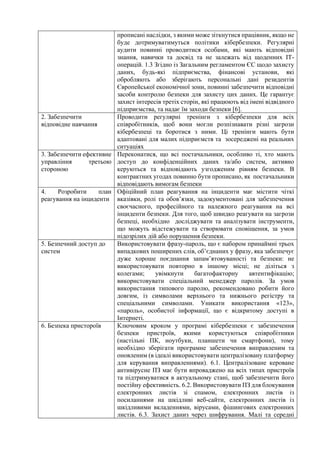 прописані наслідки, з якими може зіткнутися працівник, якщо не
буде дотримуватимуться політики кібербезпеки. Регулярні
аудити повинні проводитися особами, які мають відповідні
знання, навички та досвід та не залежать від щоденних ІТ-
операцій. 1.3 Згідно із Загальним регламентом ЄС щодо захисту
даних, будь-які підприємства, фінансові установи, які
обробляють або зберігають персональні дані резидентів
Європейської економічної зони, повинні забезпечити відповідні
засоби контролю безпеки для захисту цих даних. Це гарантує
захист інтересів третіх сторін, які працюють від імені відвідного
підприємства, та надає їм заходи безпеки [6].
2. Забезпечити
відповідне навчання
Проводити регулярні тренінги з кібербезпеки для всіх
співробітників, щоб вони могли розпізнавати різні загрози
кібербезпеці та боротися з ними. Ці тренінги мають бути
адаптовані для малих підприємств та зосереджені на реальних
ситуаціях
3. Забезпечити ефективне
управління третьою
стороною
Переконатися, що всі постачальники, особливо ті, хто мають
доступ до конфіденційних даних та/або систем, активно
керуються та відповідають узгодженим рівням безпеки. В
контрактних угодах повинно бути прописано, як постачальники
відповідають вимогам безпеки
4. Розробити план
реагування на інциденти
Офіційний план реагування на інциденти має містити чіткі
вказівки, ролі та обов’язки, задокументовані для забезпечення
своєчасного, професійного та належного реагування на всі
інциденти безпеки. Для того, щоб швидко реагувати на загрози
безпеці, необхідно досліджувати та аналізувати інструменти,
що можуть відстежувати та створювати сповіщення, за умов
підозрілих дій або порушення безпеки.
5. Безпечний доступ до
систем
Використовувати фразу-пароль, що є набором принаймні трьох
випадкових поширених слів, об’єднаних у фразу, яка забезпечує
дуже хороше поєднання запам’ятовуваності та безпеки: не
використовувати повторно в іншому місці; не діліться з
колегами; увімкнути багатофакторну автентифікацію;
використовувати спеціальний менеджер паролів. За умов
використання типового паролю, рекомендовано робити його
довгим, із символами верхнього та нижнього регістру та
спеціальними символами. Уникати використання «123»,
«пароль», особистої інформації, що є відкритому доступі в
Інтернеті.
6. Безпека пристороїв Ключовим кроком у програмі кібербезпеки є забезпечення
безпеки пристроїв, якими користуються співробітники
(настільні ПК, ноутбуки, планшети чи смартфони), тому
необхідно зберігати програмне забезпечення виправленим та
оновленим (в ідеалі використовувати централізовану платформу
для керування виправленнями). 6.1. Централізоване кероване
антивірусне ПЗ має бути впроваджено на всіх типах пристроїв
та підтримуватися в актуальному стані, щоб забезпечити його
постійну ефективність. 6.2. Використовувати ПЗ для блокування
електронних листів зі спамом, електронних листів із
посиланнями на шкідливі веб-сайти, електронних листів із
шкідливими вкладеннями, вірусами, фішингових електронних
листів. 6.3. Захист даниз через шифрування. Малі та середні
 