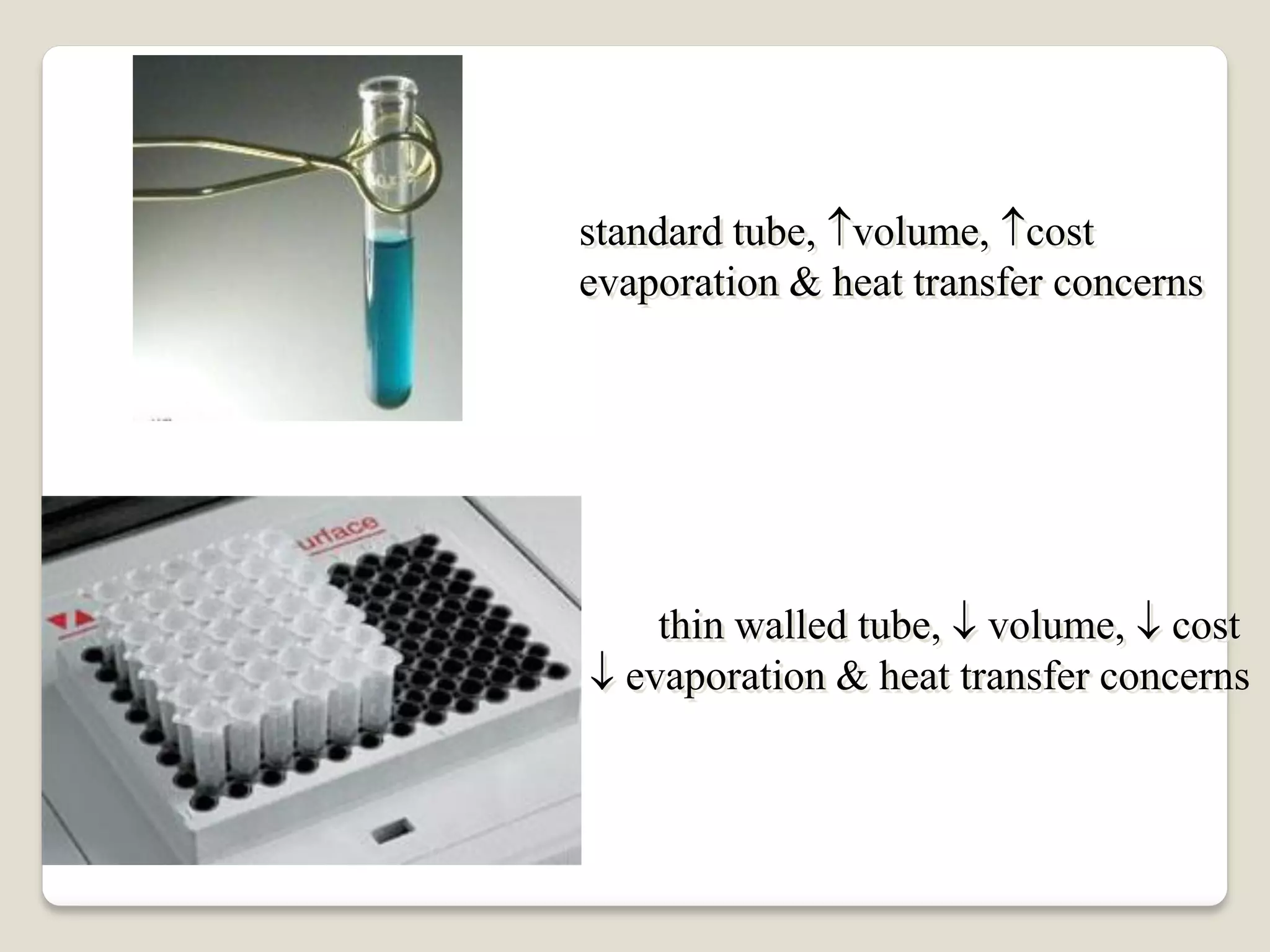 standard tube, volume, cost
evaporation & heat transfer concerns
thin walled tube,  volume,  cost
 evaporation & heat transfer concerns
 