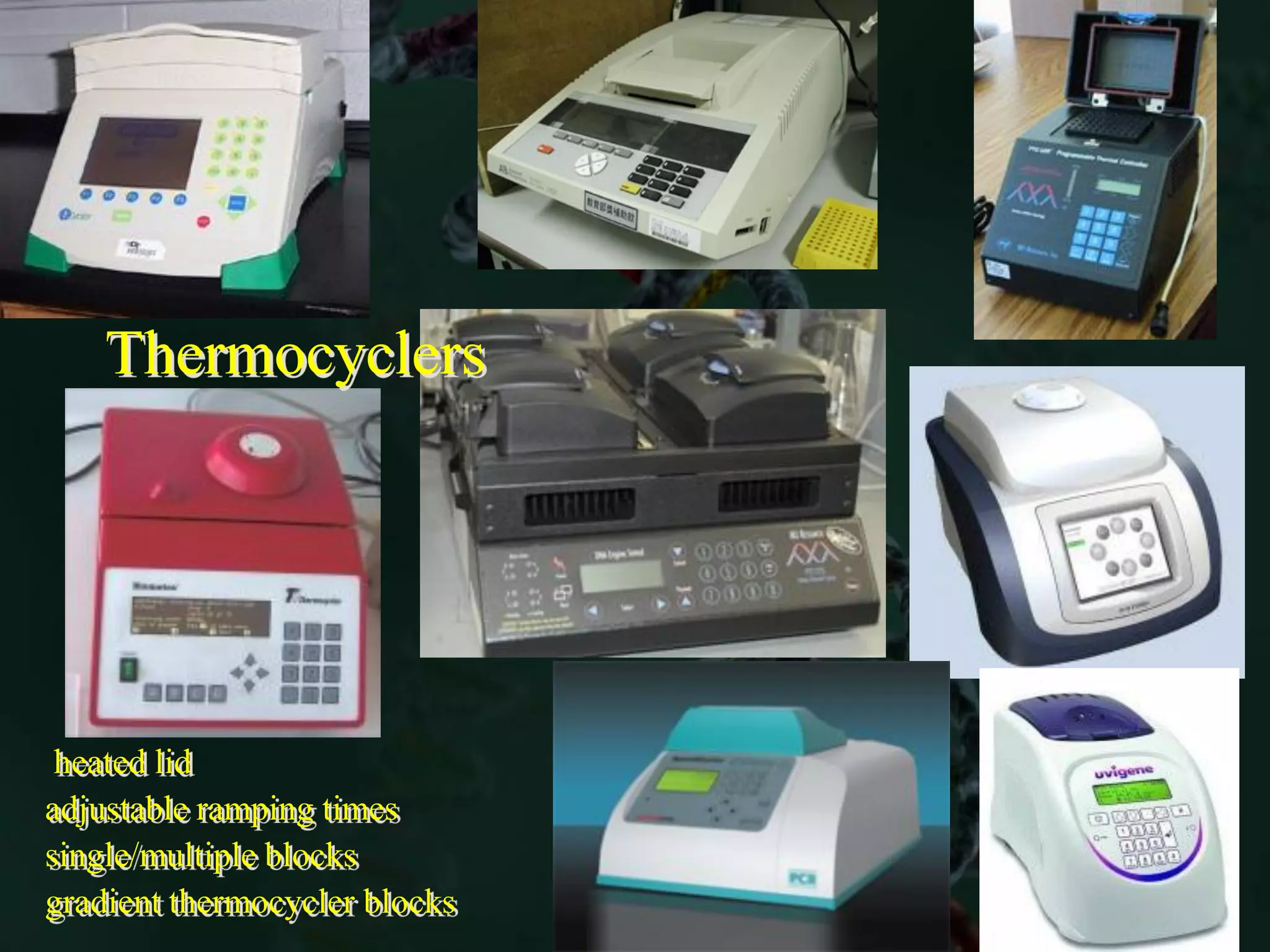 heated lid
adjustable ramping times
single/multiple blocks
gradient thermocycler blocks
Thermocyclers
 