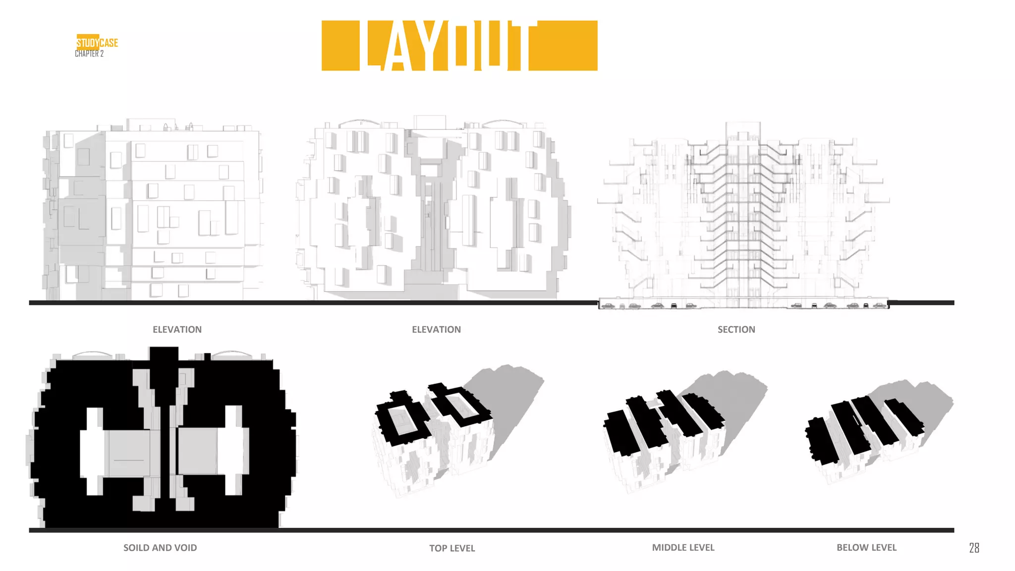 LAYOUT
ELEVATION ELEVATION SECTION
SOILD AND VOID TOP LEVEL MIDDLE LEVEL BELOW LEVEL 28
STUDYCASE
CHAPTER 2
 