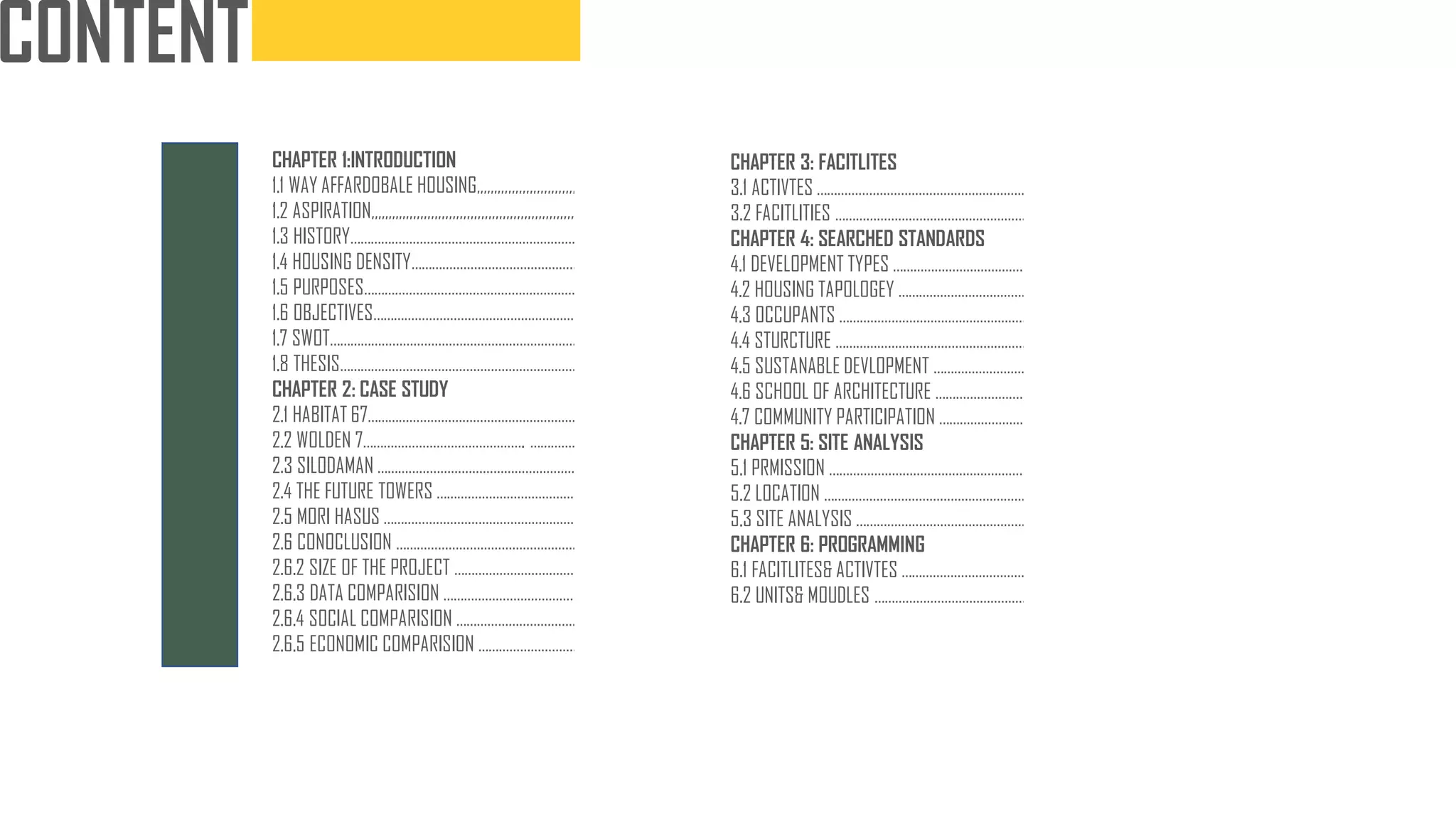 CONTENT
CHAPTER 1:INTRODUCTION
1.1 WAY AFFARDOBALE HOUSING,,,,,,,,,,,,,,,,,,,,,,,,,,,,,,,,,,,, ASPIRATION 1.2
1.2 ASPIRATION,,,,,,,,,,,,,,,,,,,,,,,,,,,,,,,,,,,,,,,,,,,,,,,,,,,,,,,,,,,,,
1.3 HISTORY…………………………………………………………………..
1.4 HOUSING DENSITY………………………………………………….
1.5 PURPOSES…………………………………………………………………….
1.6 OBJECTIVES…………………………………………………………..
1.7 SWOT………………………………………………………………………..
1.8 THESIS………………………………………………………………………………
CHAPTER 2: CASE STUDY
2.1 HABITAT 67…………………………………………………………….
2.2 WOLDEN 7………………………………………. ……………………………………………………………..
2.3 SILODAMAN …………………………………………………………….
2.4 THE FUTURE TOWERS …………………………………………………………….
2.5 MORI HASUS …………………………………………………………….
2.6 CONOCLUSION …………………………………………………………….
2.6.2 SIZE OF THE PROJECT …………………………………………………………….
2.6.3 DATA COMPARISION …………………………………………………………….
2.6.4 SOCIAL COMPARISION …………………………………………………………….
2.6.5 ECONOMIC COMPARISION …………………………………………………………….
CHAPTER 3: FACITLITES
3.1 ACTIVTES …………………………………………………………….
3.2 FACITLITIES …………………………………………………………….
CHAPTER 4: SEARCHED STANDARDS
4.1 DEVELOPMENT TYPES …………………………………………………………….
4.2 HOUSING TAPOLOGEY …………………………………………………………….
4.3 OCCUPANTS …………………………………………………………….
4.4 STURCTURE …………………………………………………………….
4.5 SUSTANABLE DEVLOPMENT …………………………………………………………….
4.6 SCHOOL OF ARCHITECTURE …………………………………………………………….
4.7 COMMUNITY PARTICIPATION …………………………………………………………….
CHAPTER 5: SITE ANALYSIS
5.1 PRMISSION …………………………………………………………….
5.2 LOCATION …………………………………………………………….
5.3 SITE ANALYSIS …………………………………………………………….
CHAPTER 6: PROGRAMMING
6.1 FACITLITES& ACTIVTES …………………………………………………………….
6.2 UNITS& MOUDLES …………………………………………………………….
 