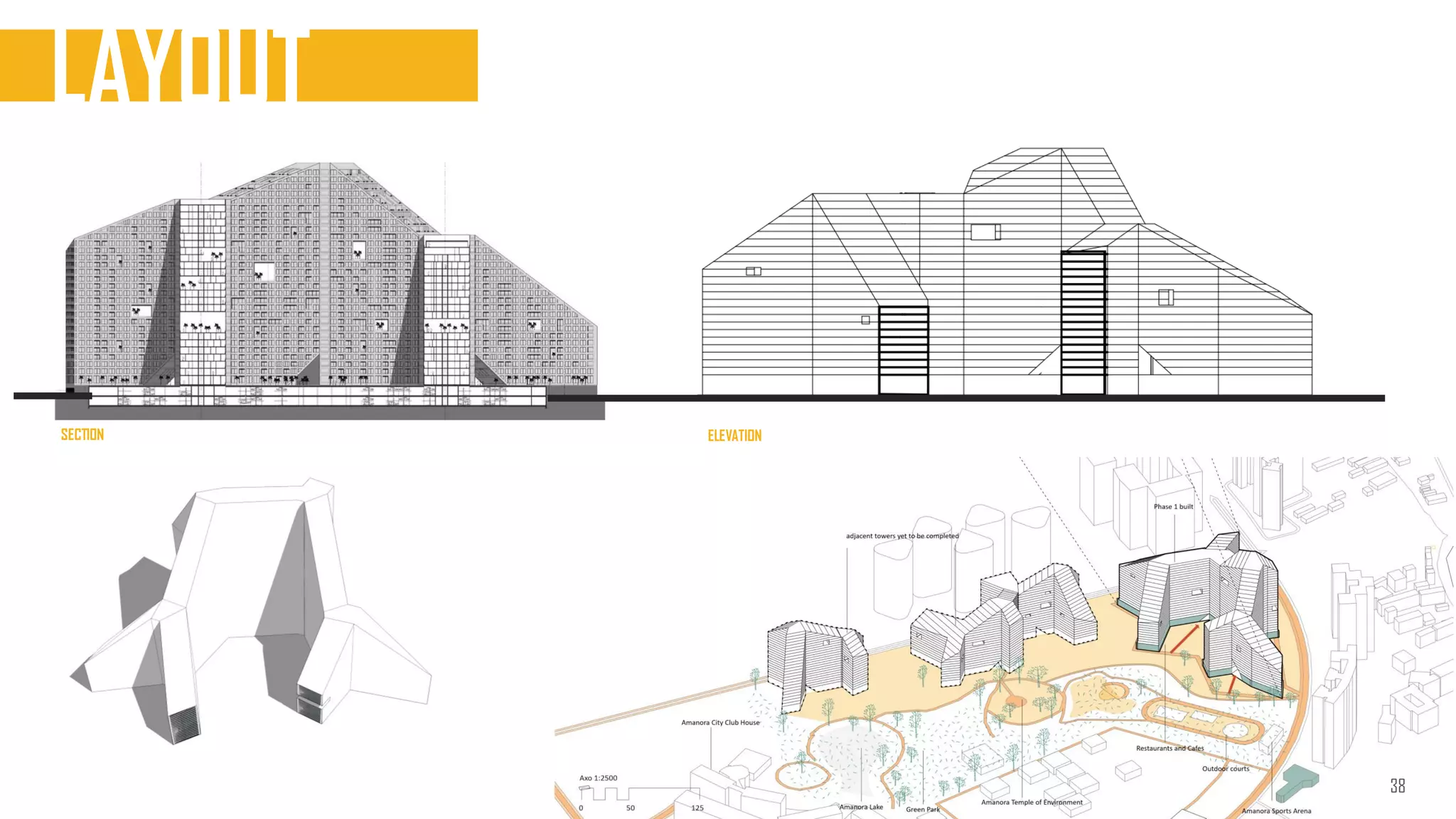 LAYOUT
VIRTACL MOVMENT
CORADOORES
OPEN SPACE
TARRACE
SECTION
FLOOR PLAN
TOP ROOF PLAN
LAYOUT
ELEVATION
38
 