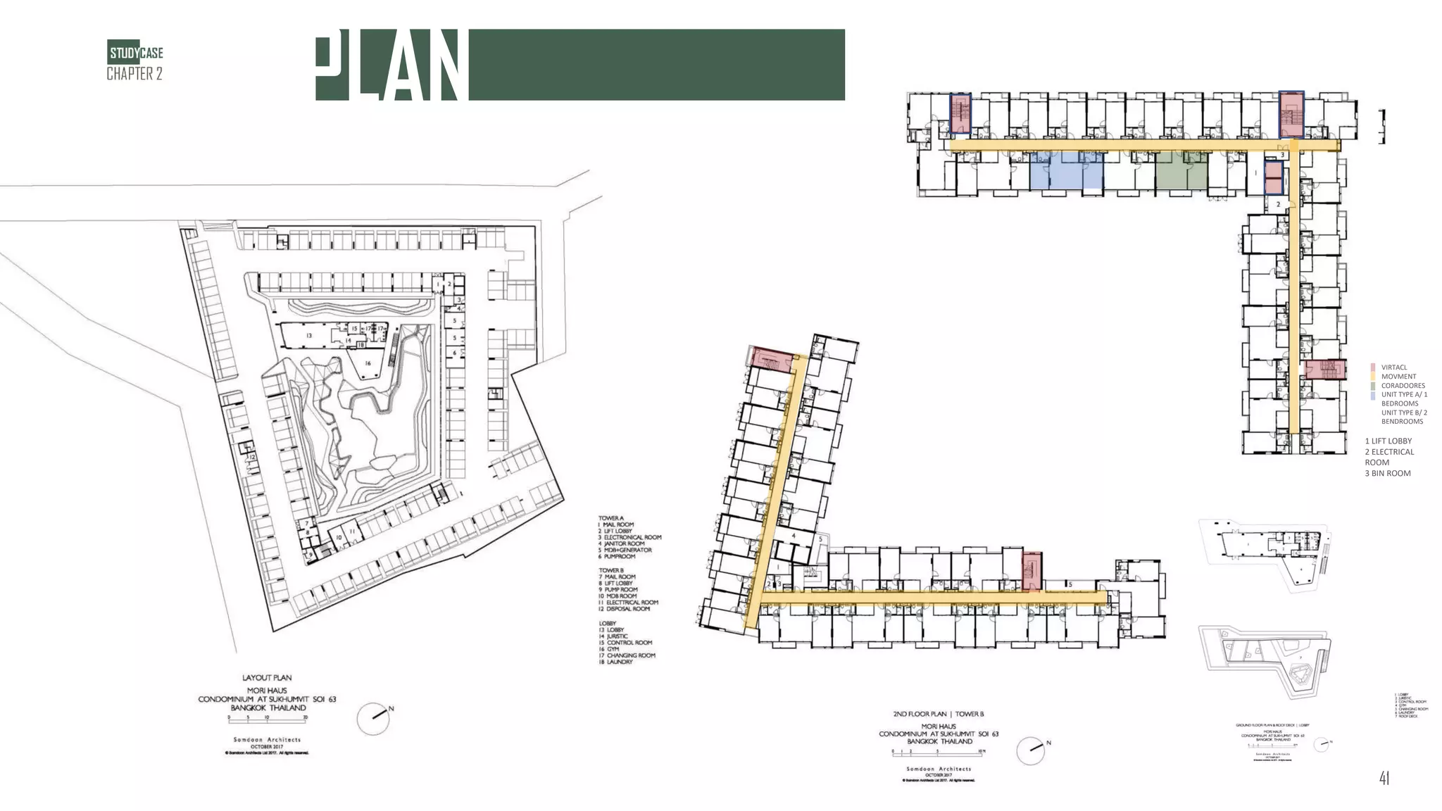 PLAN
41
SITE PLANS
1 LIFT LOBBY
2 ELECTRICAL
ROOM
3 BIN ROOM
VIRTACL
MOVMENT
CORADOORES
UNIT TYPE A/ 1
BEDROOMS
UNIT TYPE B/ 2
BENDROOMS
 