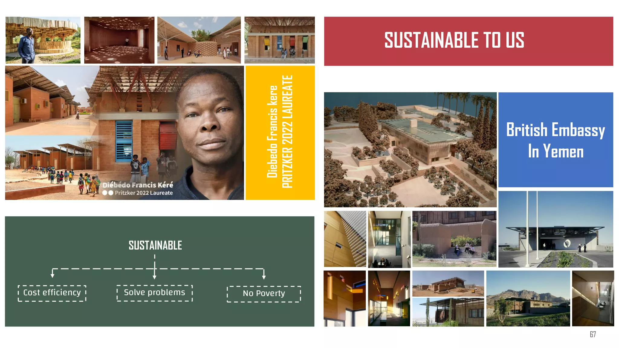 British Embassy
In Yemen
Cost efficiency Solve problems No Poverty
SUSTAINABLE
SUSTAINABLE TO US
Diebedo
Francis
kere
PRITZKER
2022
LAUREATE
67
 