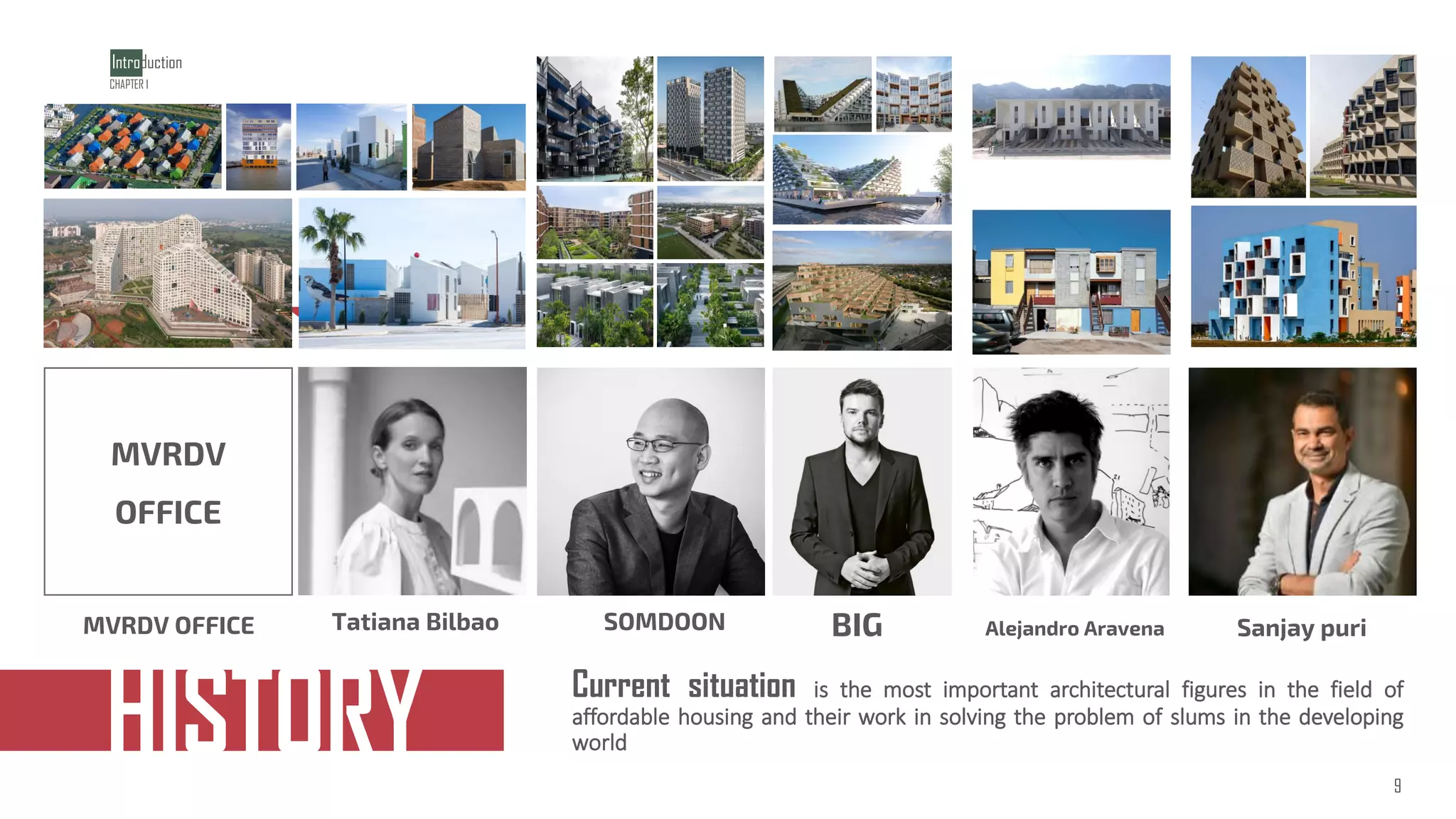 MVRDV OFFICE
‫خلقت‬
Current situation is the most important architectural figures in the field of
affordable housing and their work in solving the problem of slums in the developing
world
MVRDV
OFFICE
Alejandro Aravena
SOMDOON BIG Sanjay puri
Tatiana Bilbao
Introduction
9
9
CHAPTER 1
9
HISTORY
 