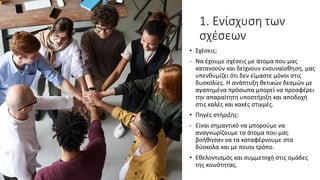1. Ενίσχυση των
σχέσεων
• Σχέσεις:
- Να έχουμε σχέσεις με άτομα που μας
κατανοούν και δείχνουν ενσυναίσθηση, μας
υπενθυμίζει ότι δεν είμαστε μόνοι στις
δυσκολίες. Η ανάπτυξη θετικών δεσμών με
αγαπημένα πρόσωπα μπορεί να προσφέρει
την απαραίτητη υποστήριξη και αποδοχή
στις καλές και κακές στιγμές.
• Πηγές στήριξης:
- Είναι σημαντικό να μπορούμε να
αναγνωρίζουμε τα άτομα που μας
βοήθησαν να τα καταφέρνουμε στα
δύσκολα και με ποιον τρόπο.
• Εθελοντισμός και συμμετοχή στις ομάδες
της κοινότητας.
 