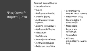 Ψυχολογικά
συμπτώματα
Αρνητικά συναισθήματα
• Ευερεθιστότητα
• Θυμός
• Αίσθημα απελπισίας
• Διαρκής φόβος
• Αίσθημα ενοχής και
ντροπής
• Διαρκής εκνευρισμός
• Αίσθημα αβοήθητου
• Πεσιμισμός
• Κυκλοθυμία
• Αναποφασιστικότητα
• Αίσθημα αποτυχίας
• Φόβος για το μέλλον
• Δυσκολίες στη
νοητική συγκέντρωση
• Παρανοϊκές ιδέες
• Κλειστοφοβία ή
αγοραφοβία
• Νοσοφοβία
• Άγχος ή και
κατάθλιψη
• Υποχονδρία
• Έλλειψη
ενδιαφέροντος για τη
ζωή
 